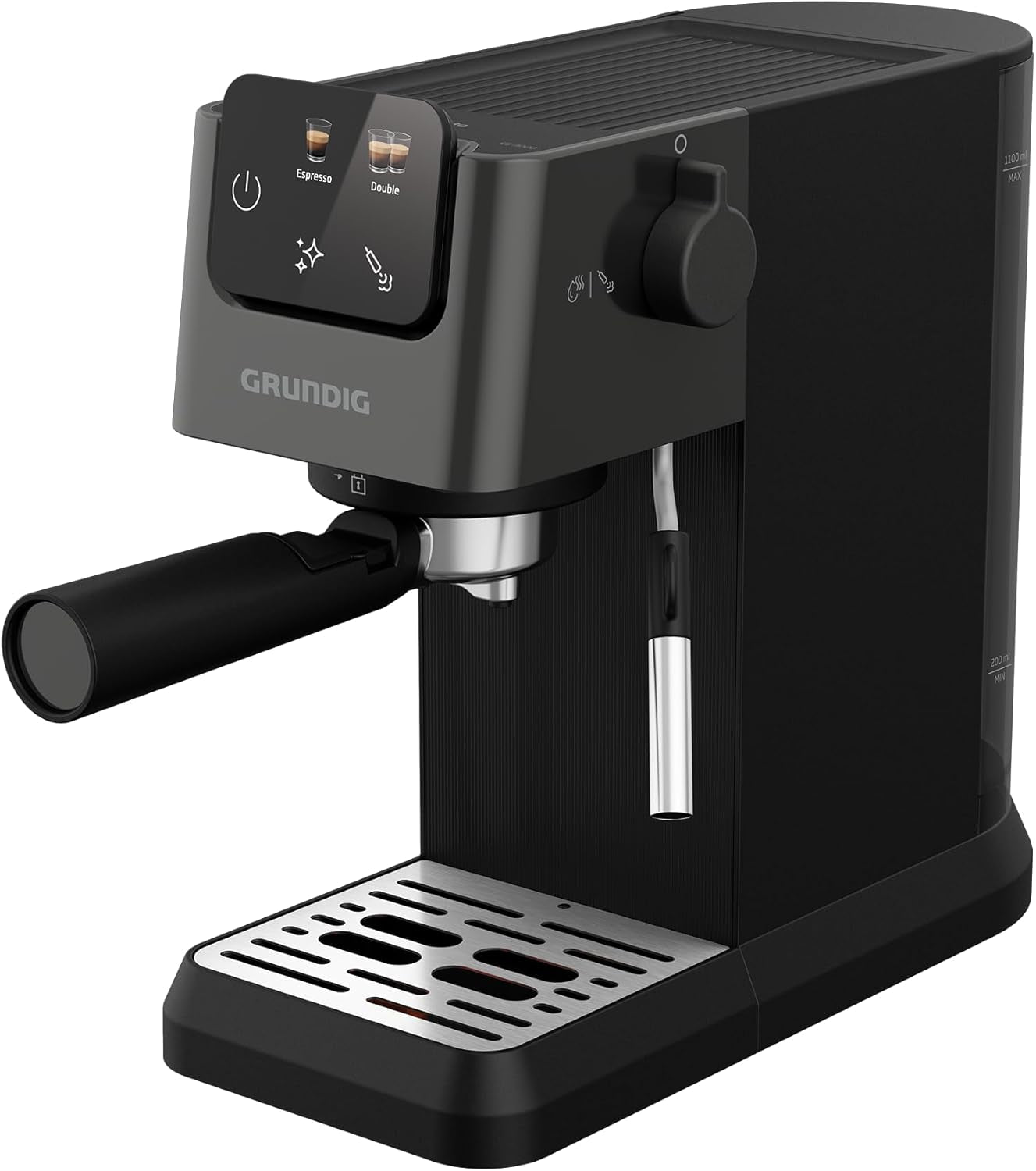 Ekspres do kawy z kolbą GRUNDIG KSM 5330 ze zintegrowanym pojemnikiem na mleko, moc 1628 W, ciśnienie pompy 15 bar, podwójna dysza, kolorowy wyświetlacz dotykowy, BrewSense, CreamyPro, Ciemna stal nierdzewna/Czarny
