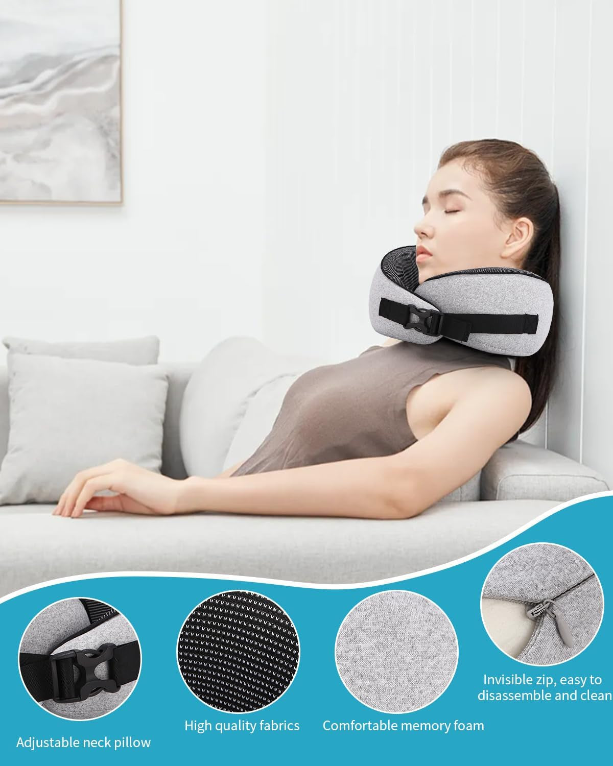 Poduszka samolotowa pod szyję, poduszka podróżna z pianki memory, poduszka pod szyję dla dorosłych, regulowana, zmywalna poduszka samolotowa, ergonomiczna poduszka podróżna (szara) Poduszki ortopedyczne szyjki macicy Naty Shop