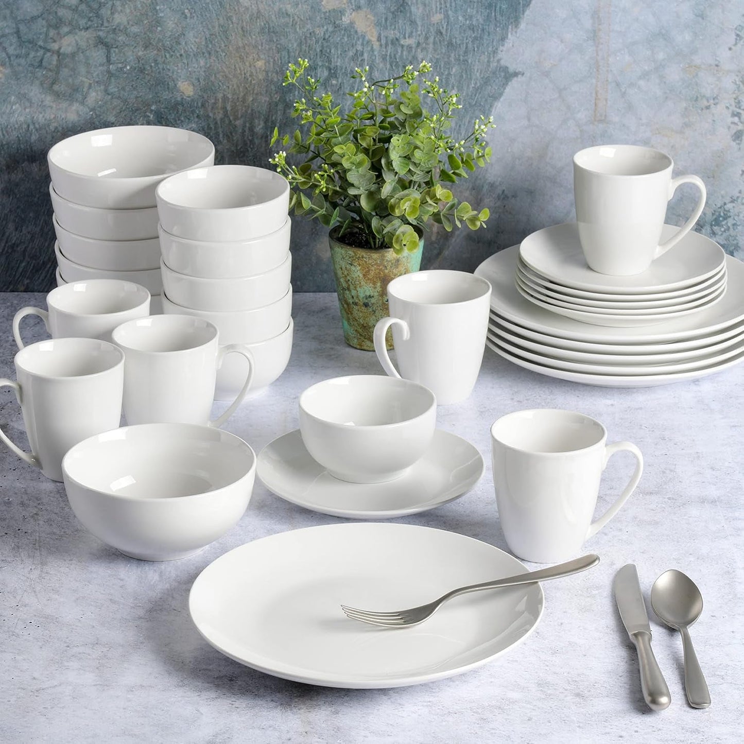 Zestaw porcelanowych naczyń obiadowych Zen w formie bufetu, serwis na 6 osób (30 sztuk), biały (filiżanki)