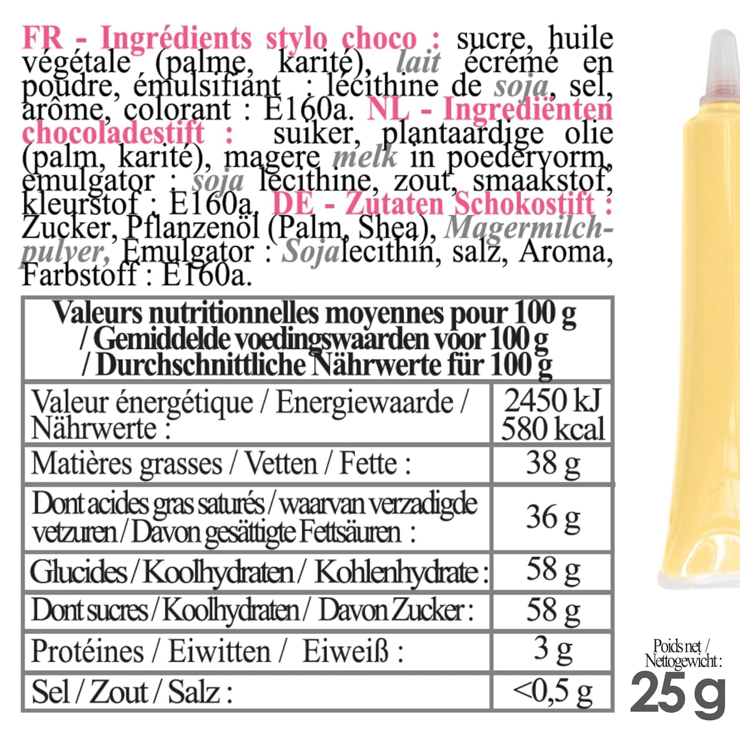 Scrapcooking - Pastelowy żółty długopis cukrowy - Żółty cukier do pisania 25g - Dekoracyjny długopis z cukrem jadalnym - Pisanie i rysowanie - Etykietowanie Fondant, Lukier, Ciasta - 6804