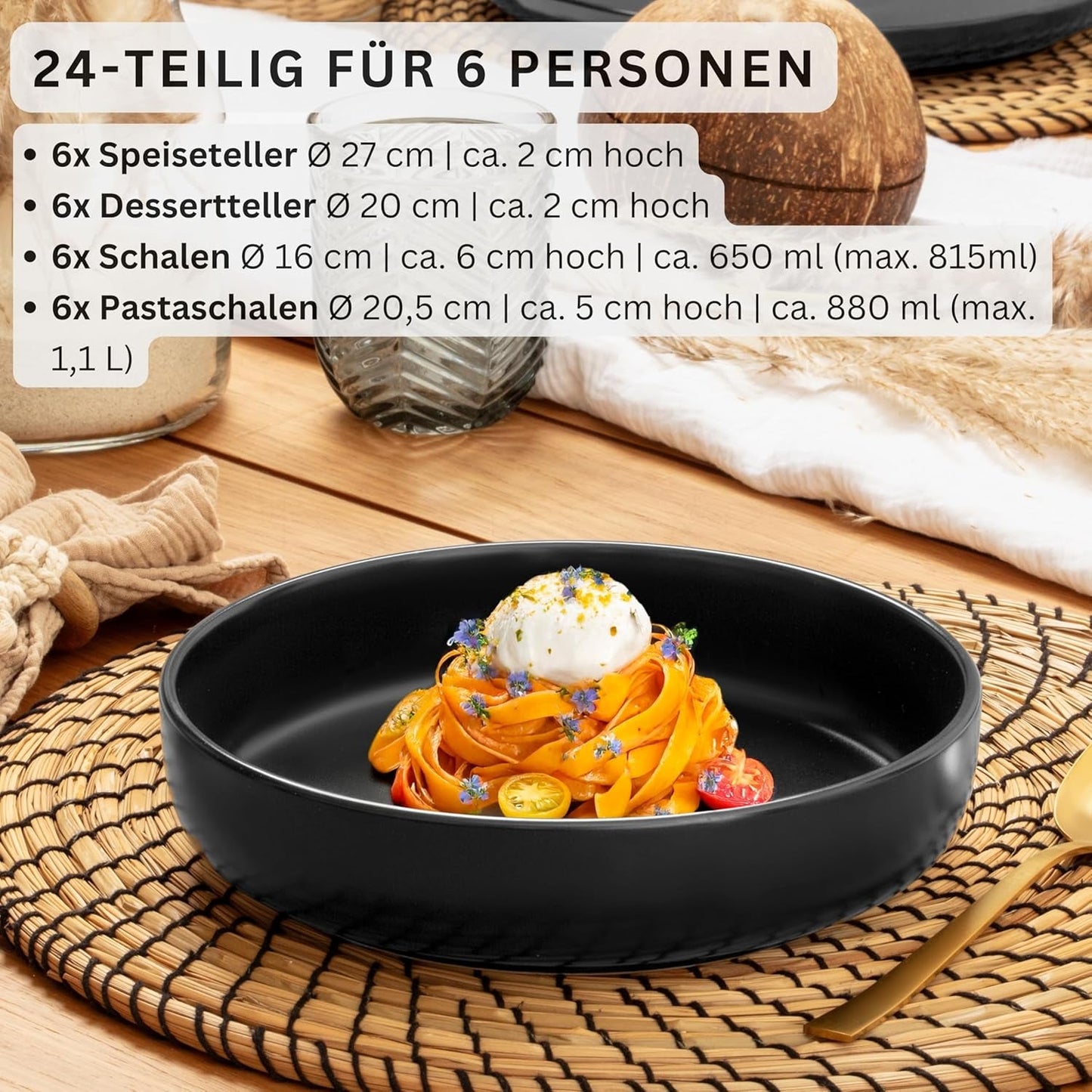 SĘNGER Madera | 24-częściowy zestaw naczyń obiadowych, 6-osobowy zestaw naczyń kamionkowych, 6 talerzy obiadowych, 6 talerzy śniadaniowych, 6 talerzy obiadowych, 6 misek na makaron, zestaw naczyń obiadowych i misek, czarny matowy | KOLEKCJA WARTOŚCIOWA