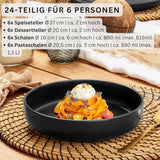 SĘNGER Madera | 24-częściowy zestaw naczyń obiadowych, 6-osobowy zestaw naczyń kamionkowych, 6 talerzy obiadowych, 6 talerzy śniadaniowych, 6 talerzy obiadowych, 6 misek na makaron, zestaw naczyń obiadowych i misek, czarny matowy | KOLEKCJA WARTOŚCIOWA