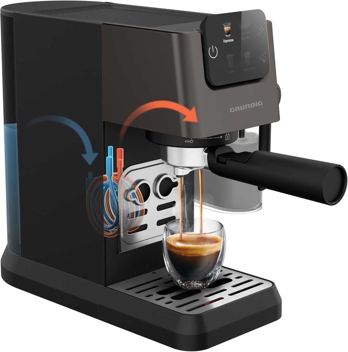 Ekspres do kawy z kolbą GRUNDIG KSM 5330 ze zintegrowanym pojemnikiem na mleko, moc 1628 W, ciśnienie pompy 15 bar, podwójna dysza, kolorowy wyświetlacz dotykowy, BrewSense, CreamyPro, Ciemna stal nierdzewna/Czarny