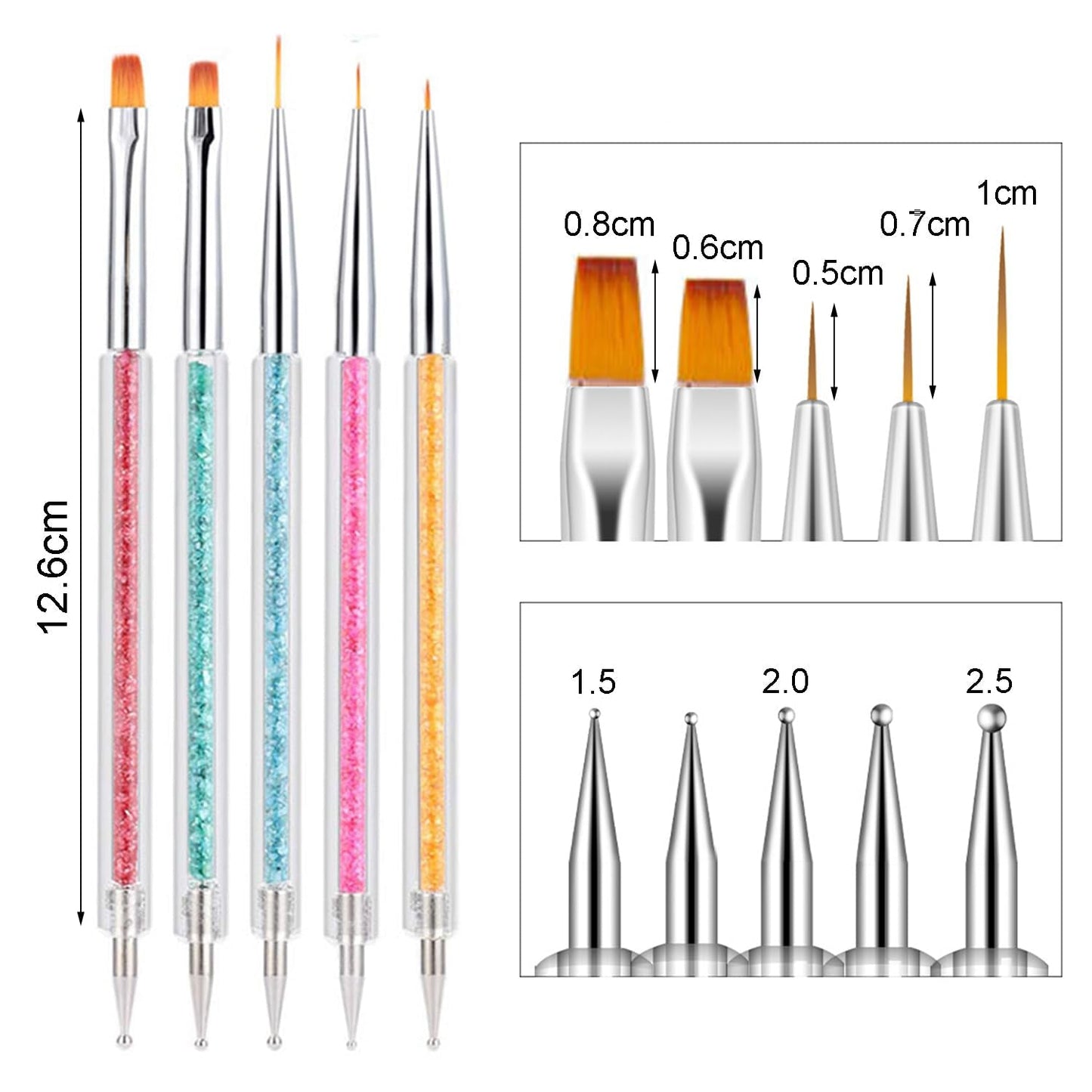 Zestaw 6 Stück Nagel Pinsel, Doppel-Ende Nageldesign Pinsel, Akryl Nail Art Zestaw Pinsel Nail Art Liner Pinsel Narzędzie do kropkowania dla DIY Nail Art Design (Mit 1 Schwammbürste)