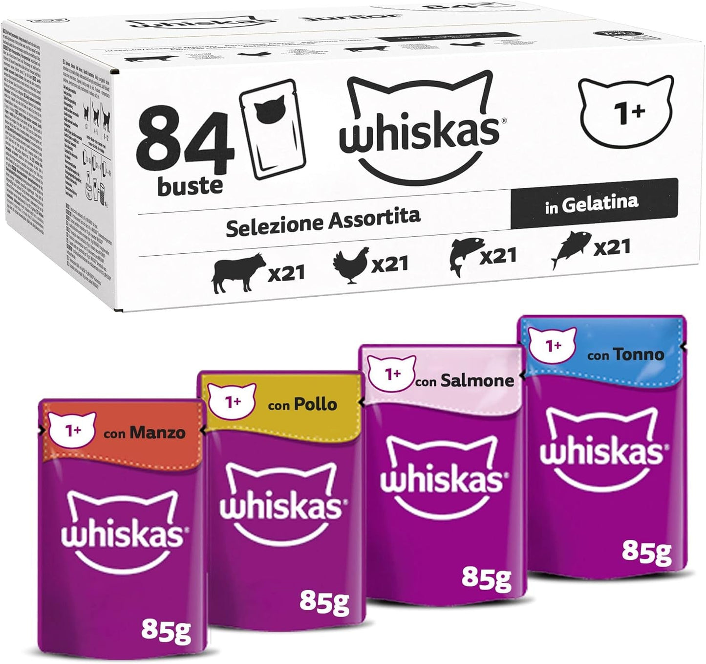 Whiskas Adult Mokra Karma 1+ Mieszany Wybór w Galaretce, 84 Saszetki, 84x85g (1 Duże Opakowanie) - Wysokiej jakości mokra karma dla dorosłych kotów