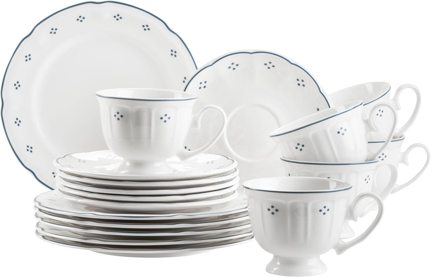 Serwis do kawy porcelanowy Mäser Lova, 18 szt. - 6 talerzy deserowych (19,5 cm), 6 filiżanek (19 cl) i 6 spodków (15,5 cm), niebieski