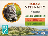IAMS Naturally Senior Mokra karma w sosie - Wysokiej jakości mokra karma mięsno-rybna dla starszych kotów, Land & Sea Collection, 12 x 85g