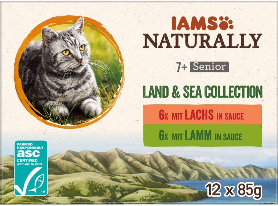 IAMS Naturally Senior Mokra karma w sosie - Wysokiej jakości mokra karma mięsno-rybna dla starszych kotów, Land & Sea Collection, 12 x 85g