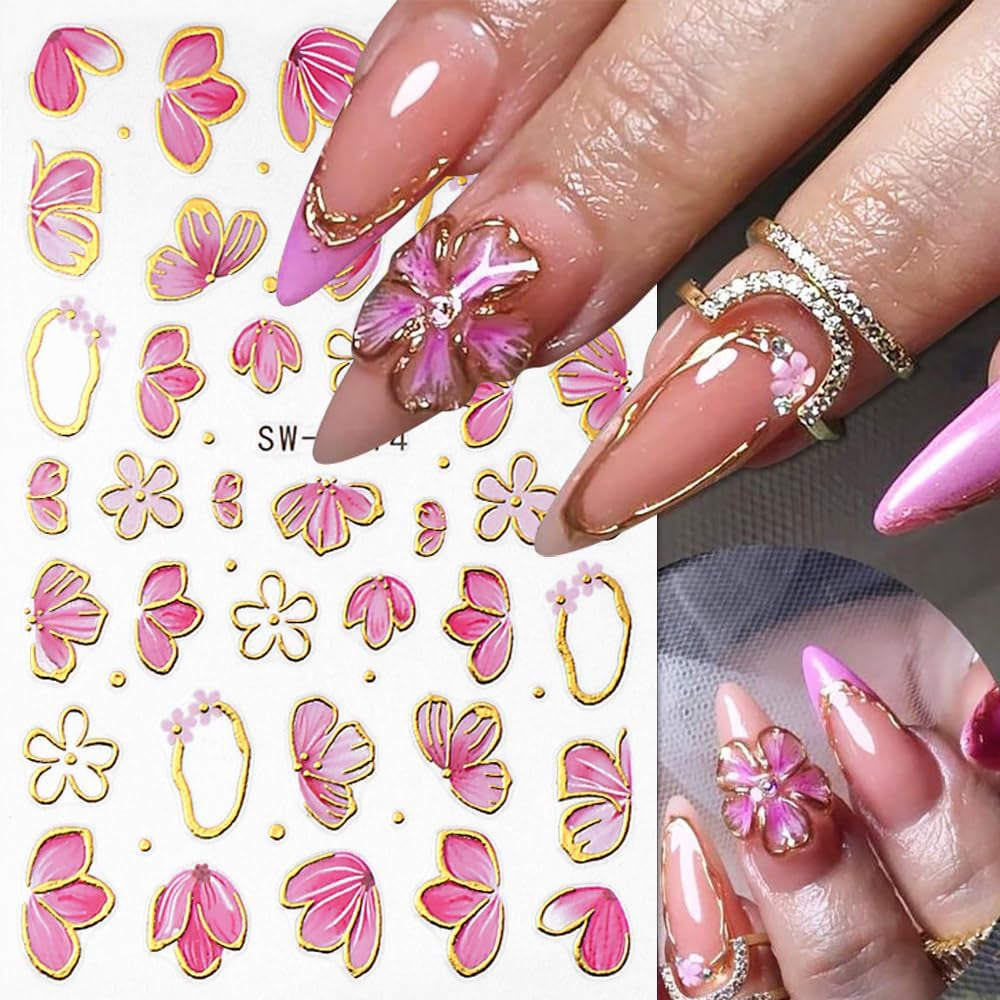 Złota Linie Schieber Rosa Nagelsticker Blumen 3D Kwiatowa naklejka na paznokcie Sakura Blütenblätter Blumen Nagelaufkleber Frühling Sommer Floral Nagel Naklejka Kwiaty Nagel Naklejki Nageldesign Zubehör Nail Art