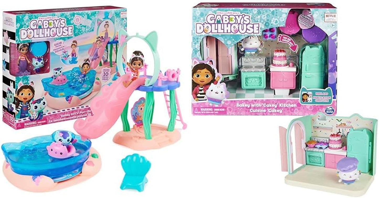 Domek dla lalek Gabby, zestaw Purific Pool Party z figurkami Gabby i Surykatki oraz pokój Deluxe, pieczenie ciast, kuchnia z ciastami