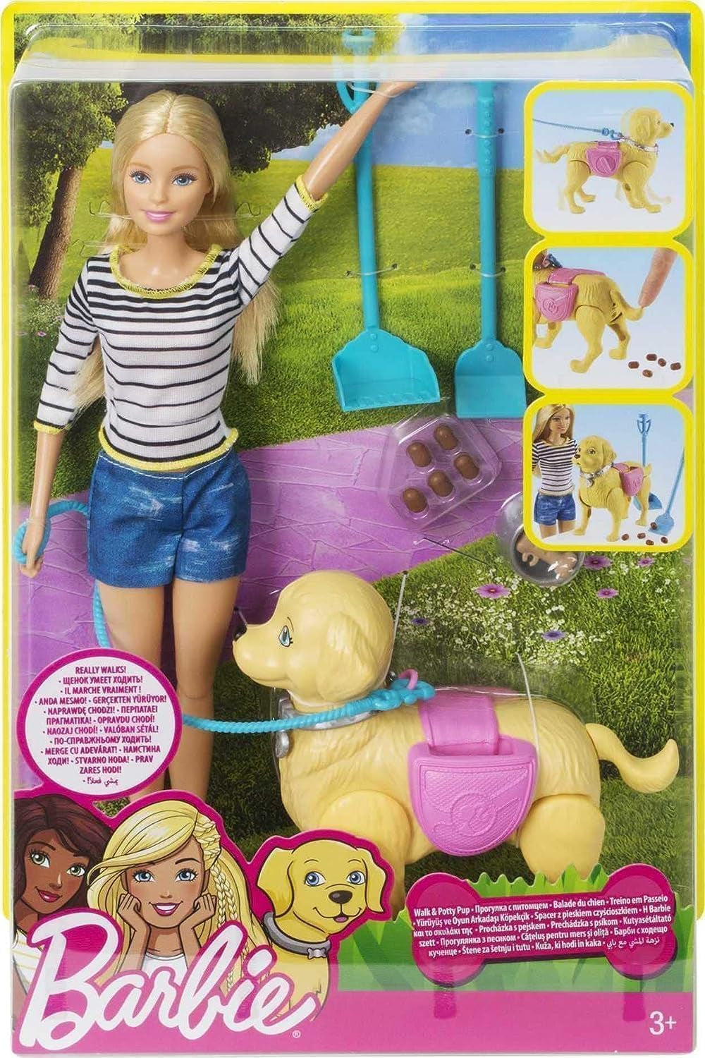 Lalka Barbie spacerująca z nocnikiem, lalka blondynka z spacerującym psem, łyżka do odchodów, akcesoria, w tym lalka pies, prezent dla dzieci, zabawka od 3 lat i więcej, DWJ68