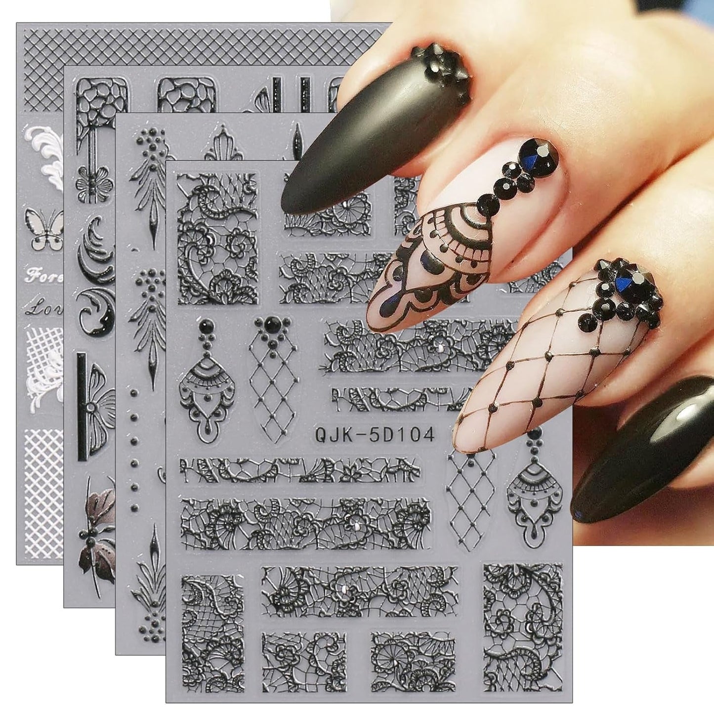 JMEOWIO 3D Nagelsticker Schwarz Weiß Blume Nail Art Naklejka Selbstklebend Nagelaufkleber 5D Stereoskopisch Blumen Dekoration Nageldesign Zubehör 4 Blatt