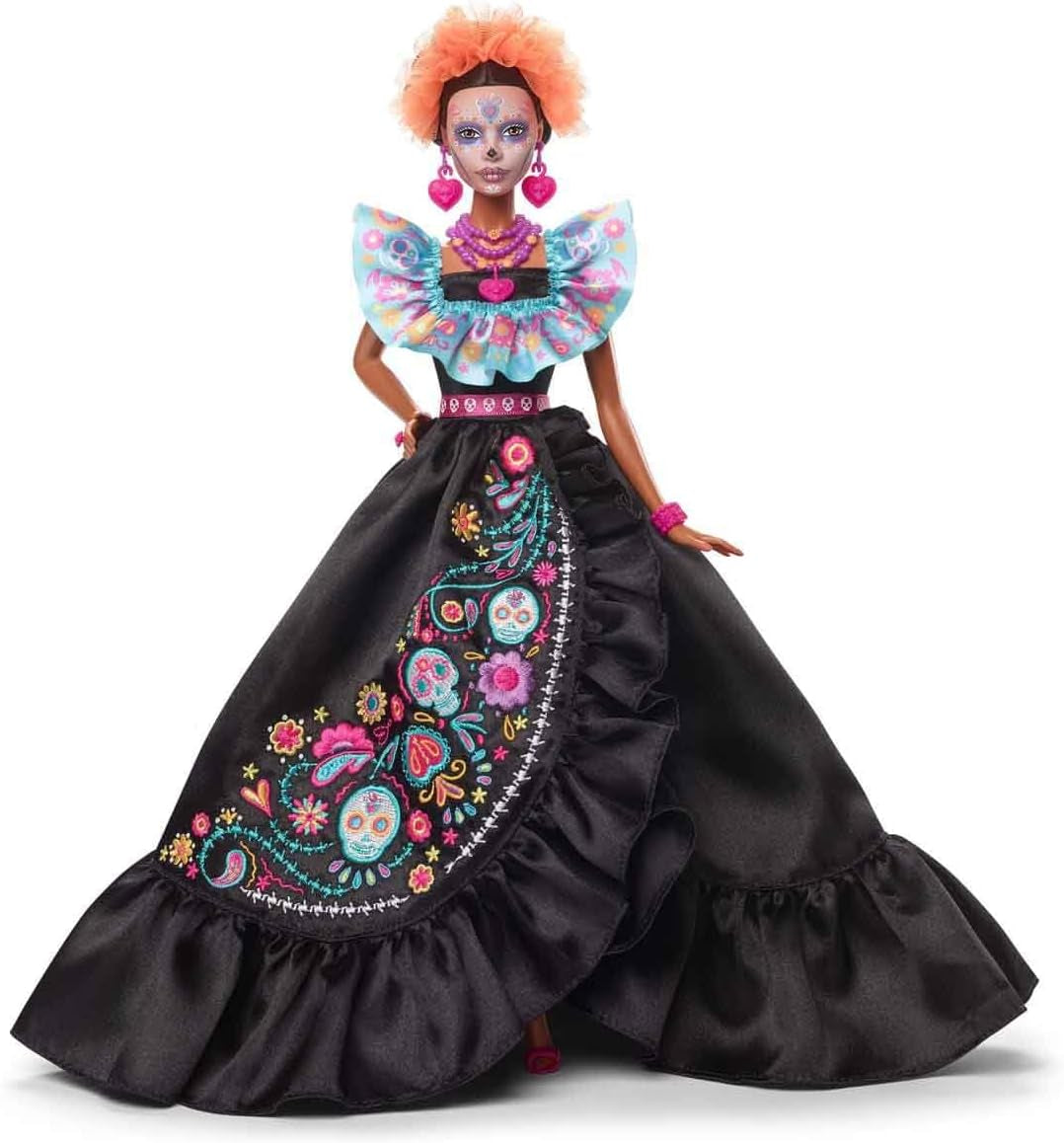 Podpisowa lalka Barbie, figurka kolekcjonerska Día De Muertos 2024 w czarnej sukience i niebieskim marszczonym topie, z haftowanym nadrukiem i kolorowymi dodatkami, HRM72