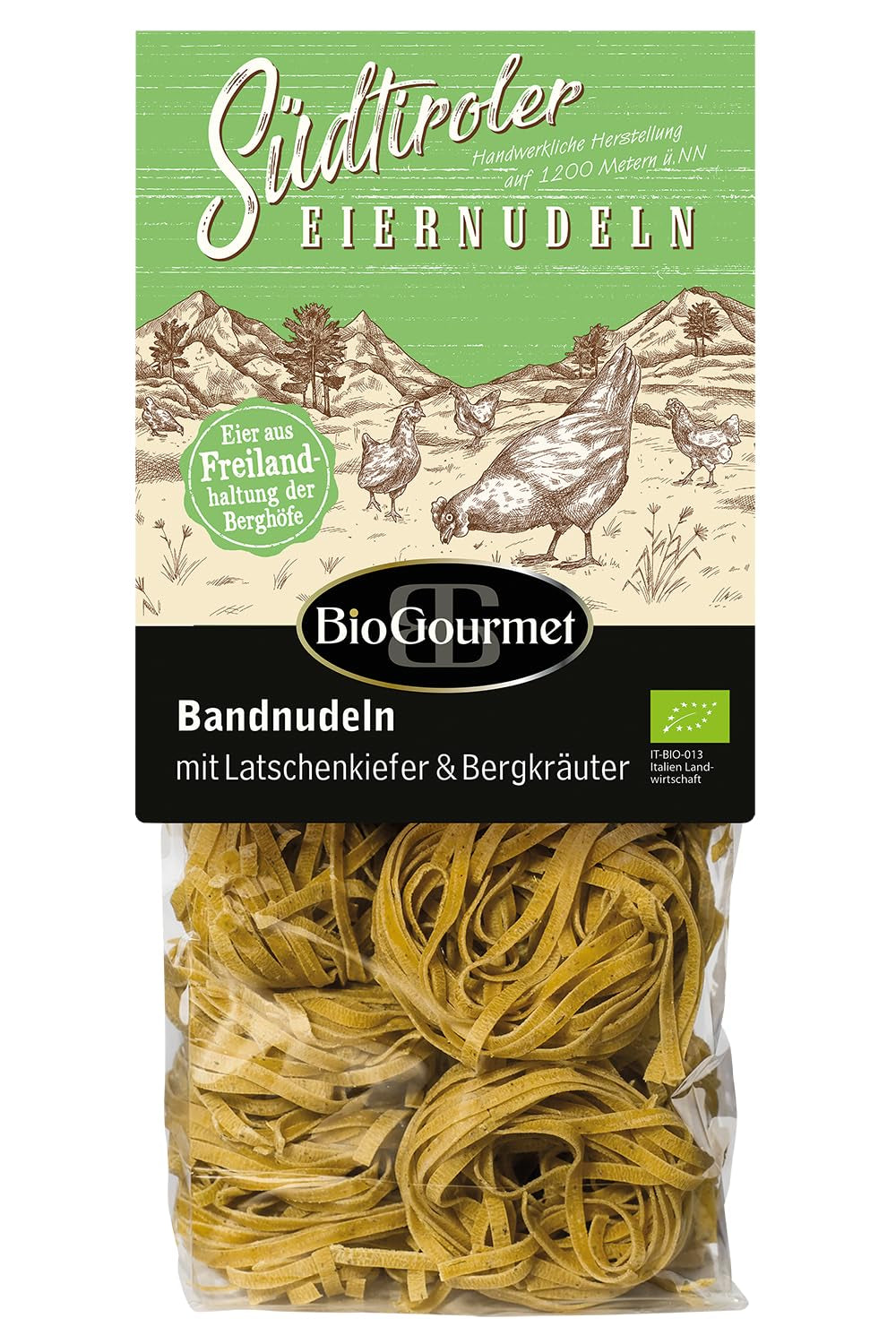 Makaron wstążkowy BioGourmet z Schüttelbrot z Południowego Tyrolu (ChOG) | Solony i aromatyzowany makaron jajeczny z prawdziwą drobinką z Południowego Tyrolu | 1 x 250 g Bio