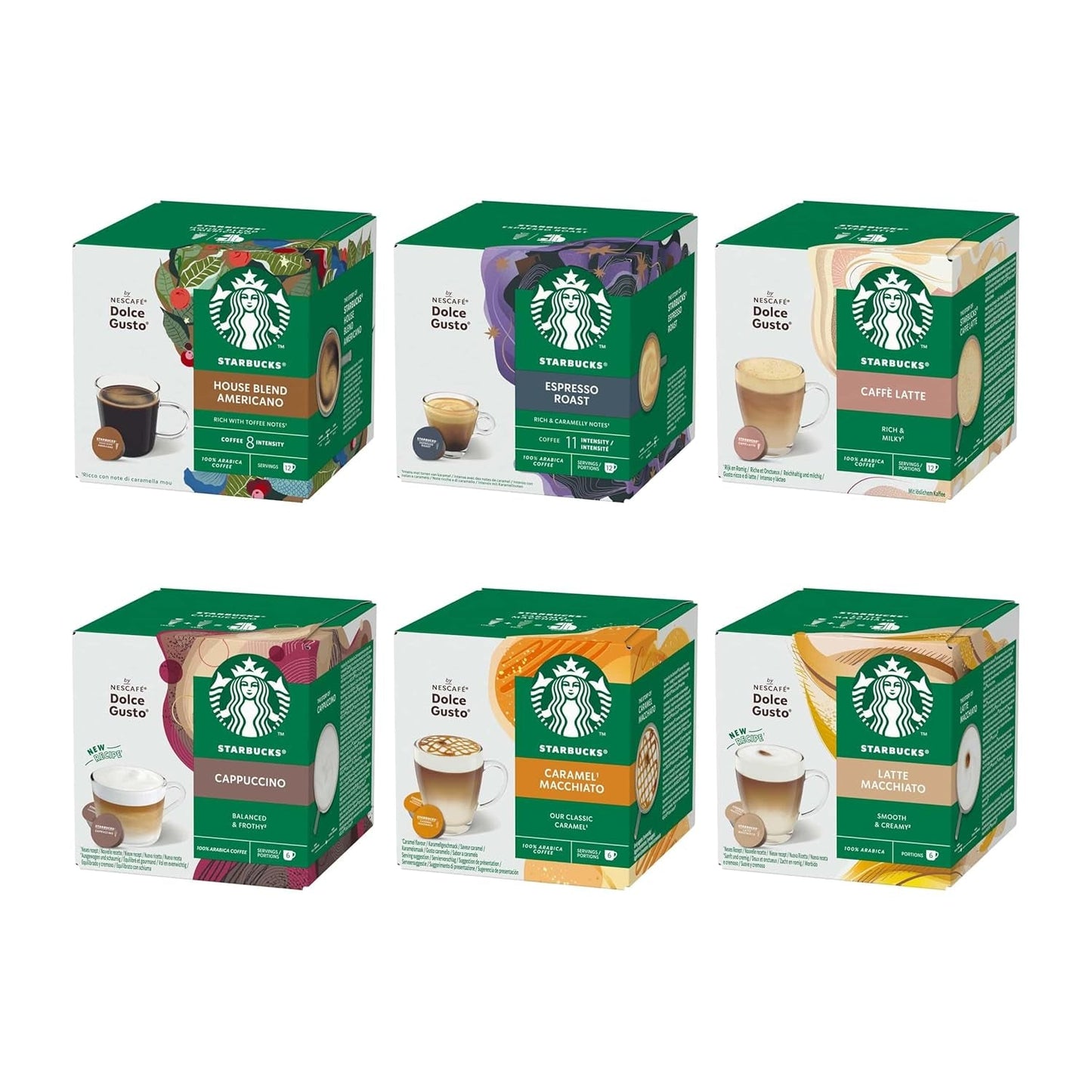 STARBUCKS Probierset, zestaw mieszanych kubków marki Nescafé Dolce Gusto Kaffeekapseln 6 x 12 (72 Kapseln) - Exklusiv w Amazon