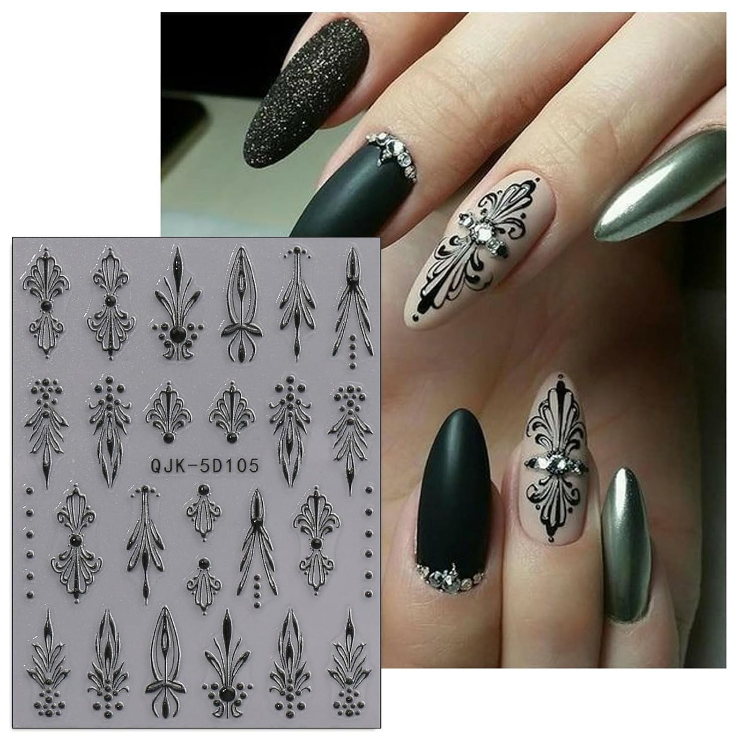 JMEOWIO 3D Nagelsticker Schwarz Weiß Blume Nail Art Naklejka Selbstklebend Nagelaufkleber 5D Stereoskopisch Blumen Dekoration Nageldesign Zubehör 4 Blatt