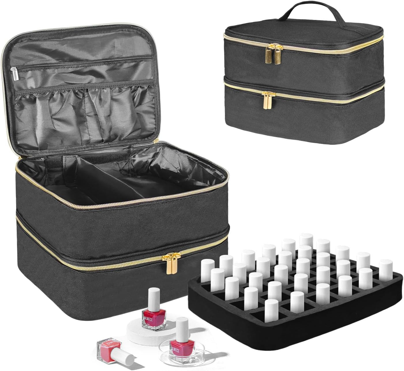 Organizer na lakier do paznokci Tasche, Doppelschicht Pudełko do przechowywania lakieru do paznokci, Organizer Koffer Für Nageldesign Kosmetiktasche Für 30 Flaschen Neonail Base (15Ml-0,5 Fl.Oz) i 1 lampa do paznokci (Schwarz)