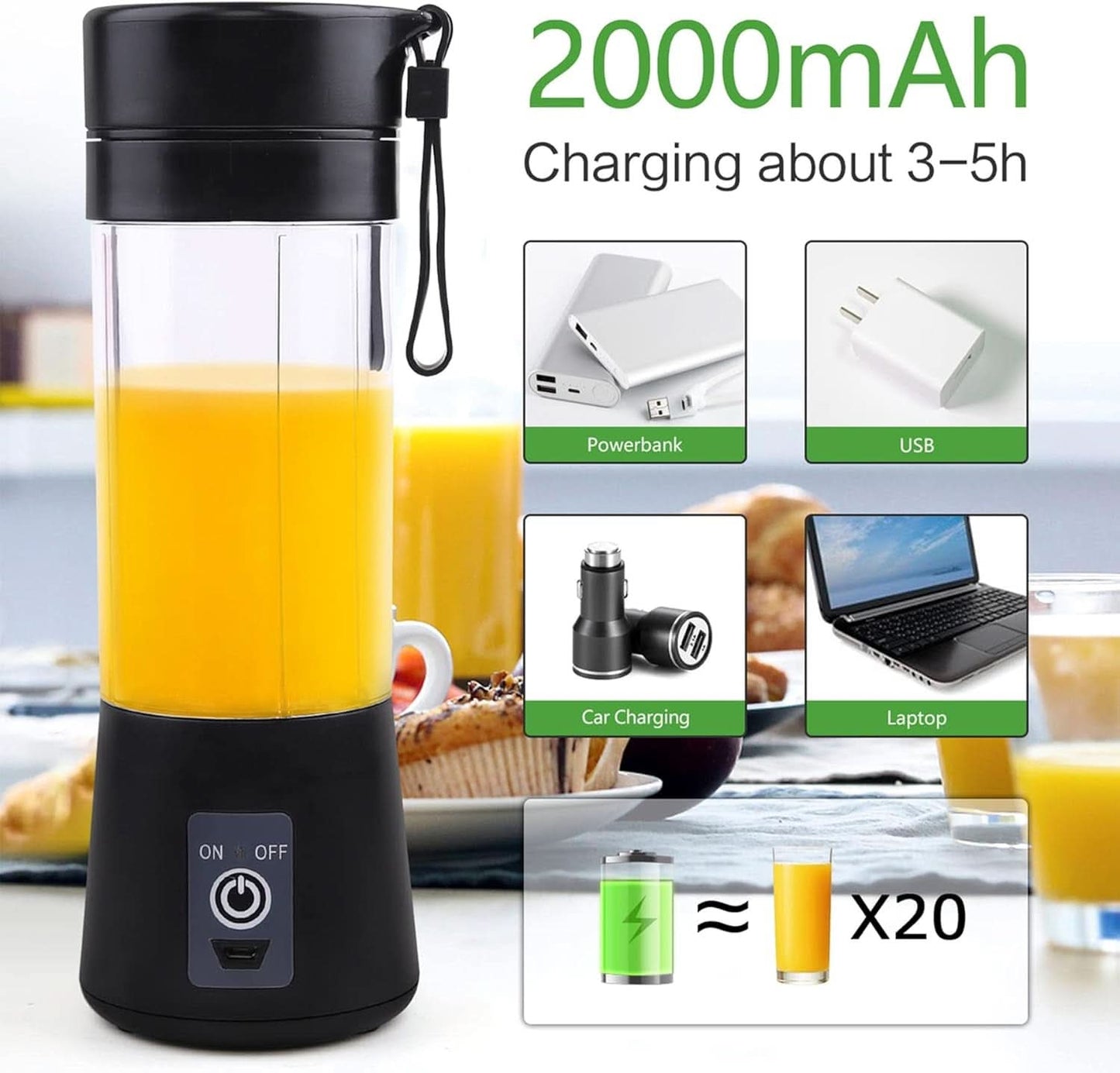 Mikser Smoothie Maker Tragbarer Entsafter: 380Ml Standmixer Persönlicher Shaker Proteinshake Mit 6 Edelstahlmesser Tragbar-Bpa-Freie Mit Usb-Mixbecher Für Shakes,Saftoutdoor,Schwarz Bucatarie Naty Shop