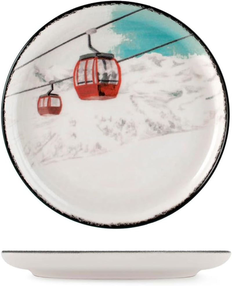 Winter Escape 12-częściowy zestaw świątecznych naczyń kamionkowych - Nordic Winter Skier Design - Można myć w zmywarce i używać w kuchence mikrofalowej
