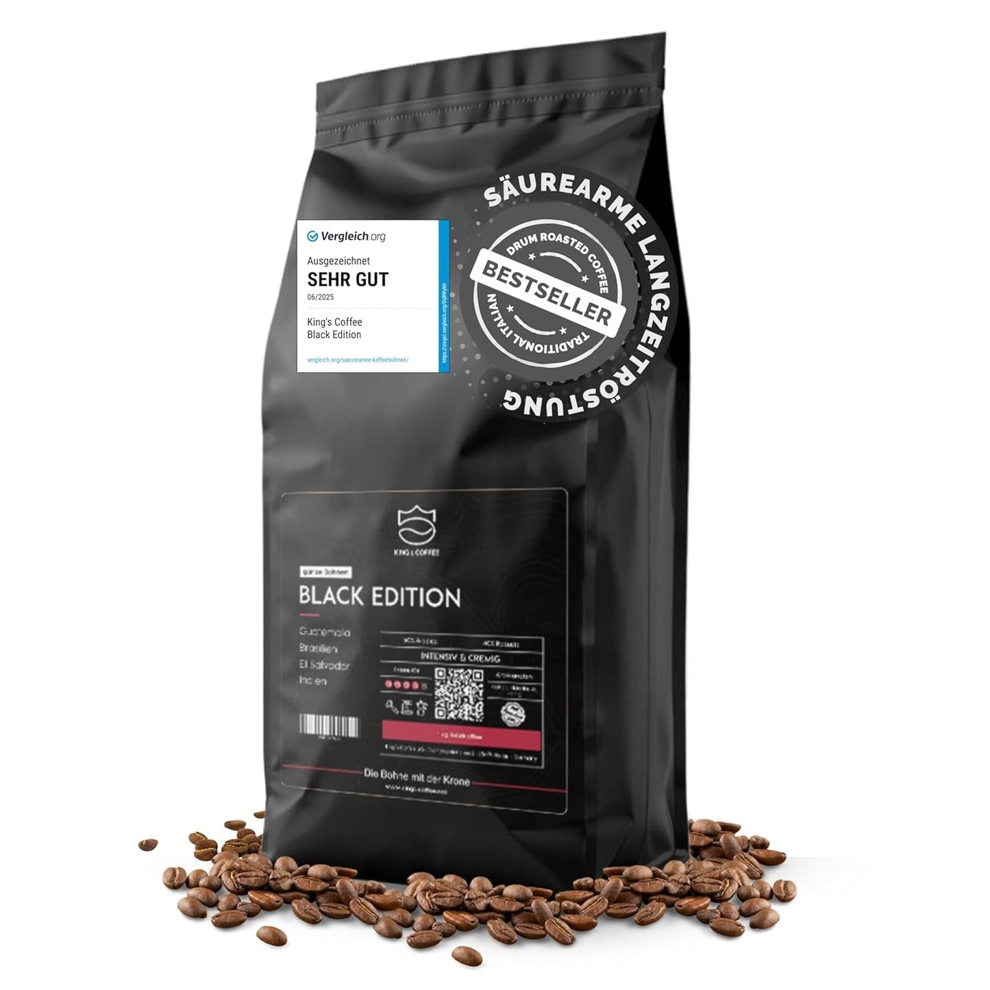 KING'S COFFEE - BLACK EDITION - 1 kg Intensywnie kremowa kawa ziarnista - Kawa o niskiej kwasowości - Kawa palona w małych partiach z Włoch - Mocna arabika w ziarnach espresso (mieszanka) do ekspresów w pełni automatycznych i z kolbą