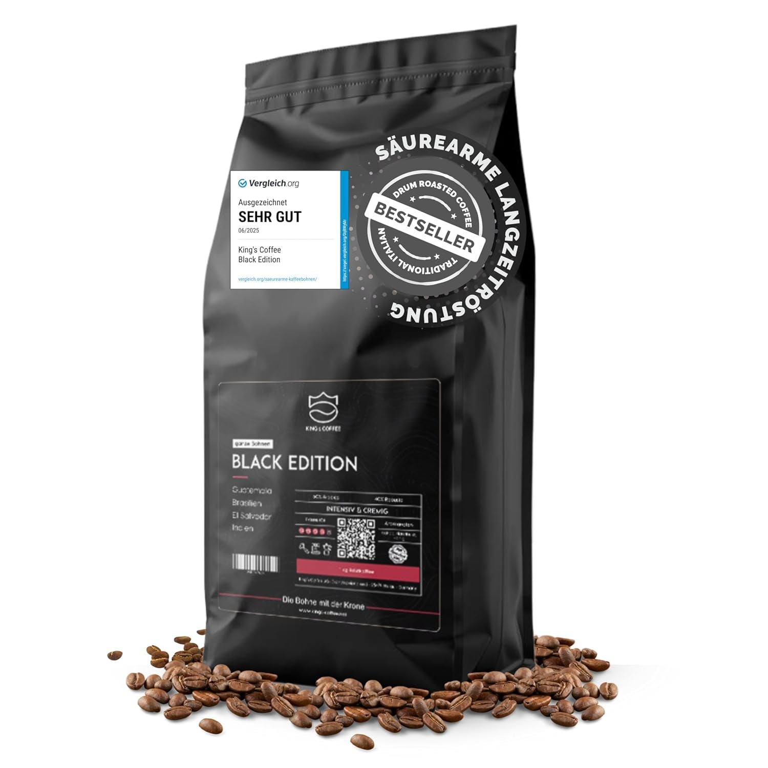 KING'S COFFEE - BLACK EDITION - 1 kg Intensywnie kremowa kawa ziarnista - Kawa o niskiej kwasowości - Kawa palona w małych partiach z Włoch - Mocna arabika w ziarnach espresso (mieszanka) do ekspresów w pełni automatycznych i z kolbą