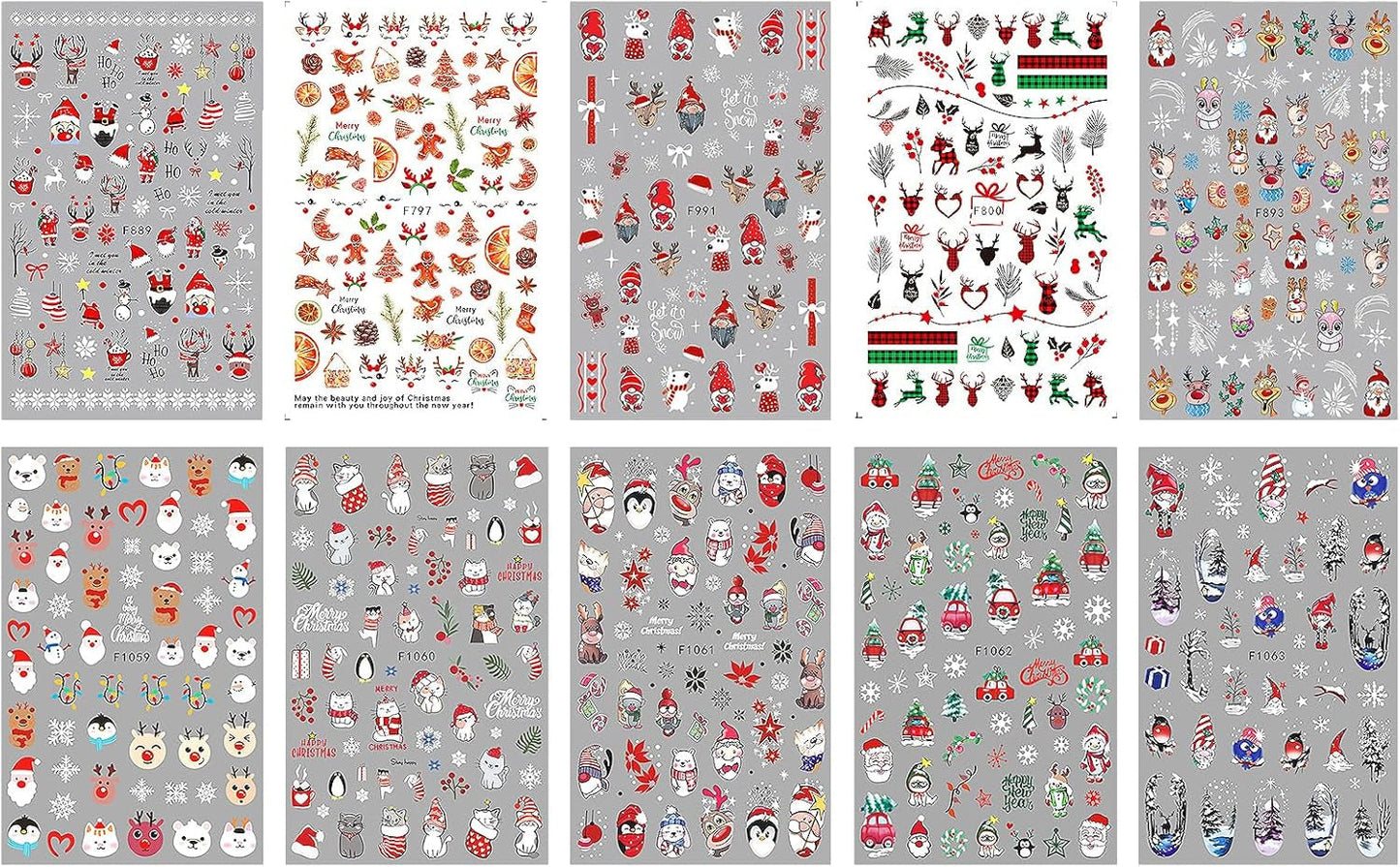 JMEOWIO Nagelsticker Weihnachten 10 Blatt Nail Art Naklejka Selbstklebend Nagelaufkleber Schneeflocke Winter Urlaub Süß Dekoration Nageldesign Zubehör