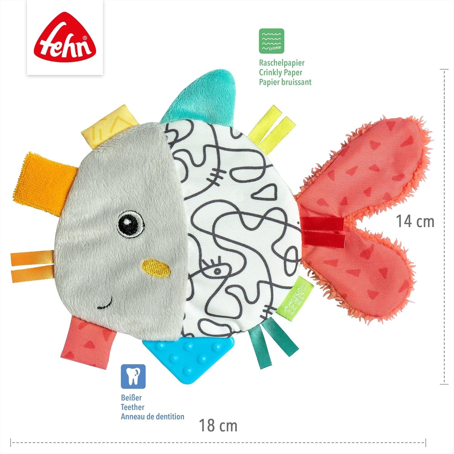 Fehn Crackling Fish - Zabawka do łapania i zabawy dla niemowląt - Zabawka do łapania zwierząt dla niemowląt - Zabawka aktywizująca ruchowo i trzaskająca zabawka dla niemowląt i małych dzieci od 0. miesiąca Baby Toys Naty Shop