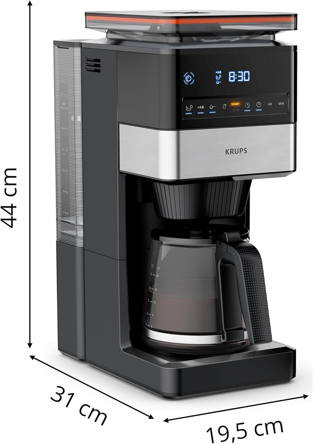 KRUPS Grind Aroma XL Ekspres do kawy, zdejmowany młynek stożkowy, cyfrowy panel sterowania, pojemność XL (1,5 l), funkcja utrzymywania ciepła, szklana karafka, czarny/stal nierdzewna, KM842810