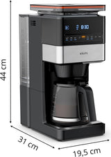 KRUPS Grind Aroma XL Ekspres do kawy, zdejmowany młynek stożkowy, cyfrowy panel sterowania, pojemność XL (1,5 l), funkcja utrzymywania ciepła, szklana karafka, czarny/stal nierdzewna, KM842810