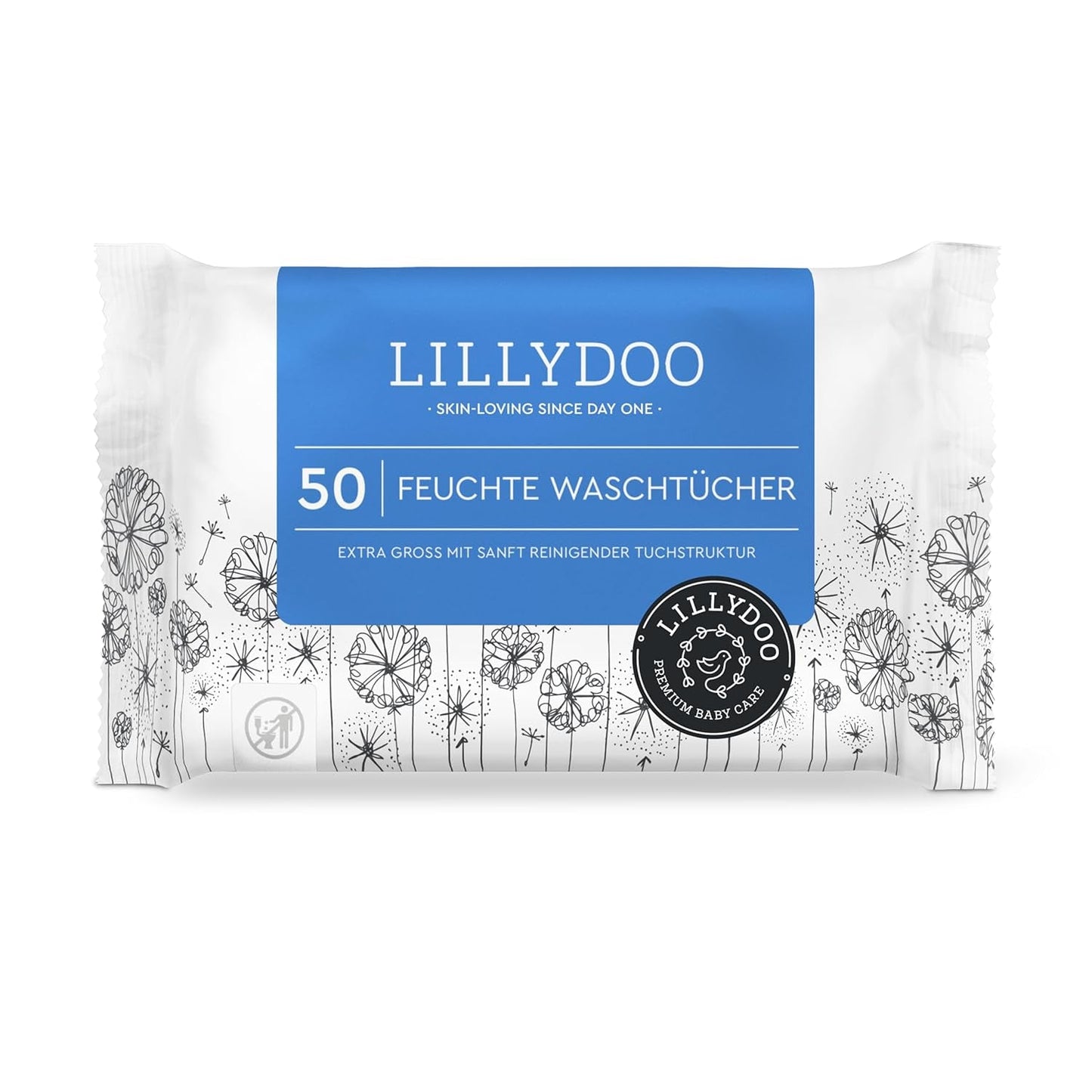 LILLYDOO Chusteczki nawilżane, 50 szt., 100% bez plastiku, bardzo duże, bezzapachowe
