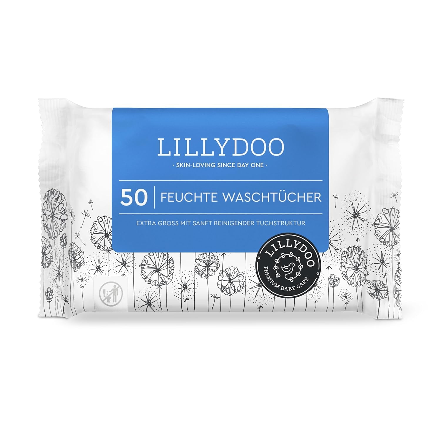 LILLYDOO Chusteczki nawilżane, 50 szt., 100% bez plastiku, bardzo duże, bezzapachowe
