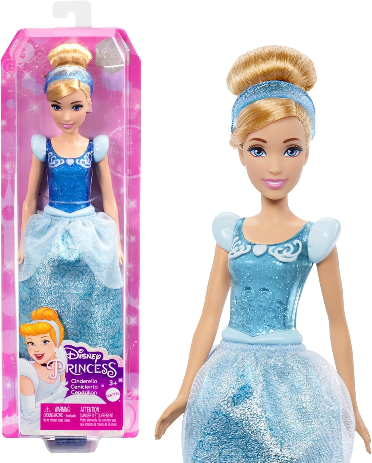 Mattel DISNEY Księżniczka Kopciuszek - ruchoma lalka z błyszczącym kostiumem, odpinanymi butami i tiarą, czesane włosy do zabawy we fryzjerstwie, dla dzieci w wieku od 3 lat i starszych, HLW06 Naty Shop Lalki Kopciuszek