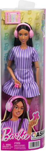 Lalka Barbie Fashionistas nr. 245, autystyczna lalka w fioletowej sukience w paski i akcesoriami takimi jak fidget spinner, tablet i słuchawki, JJN58