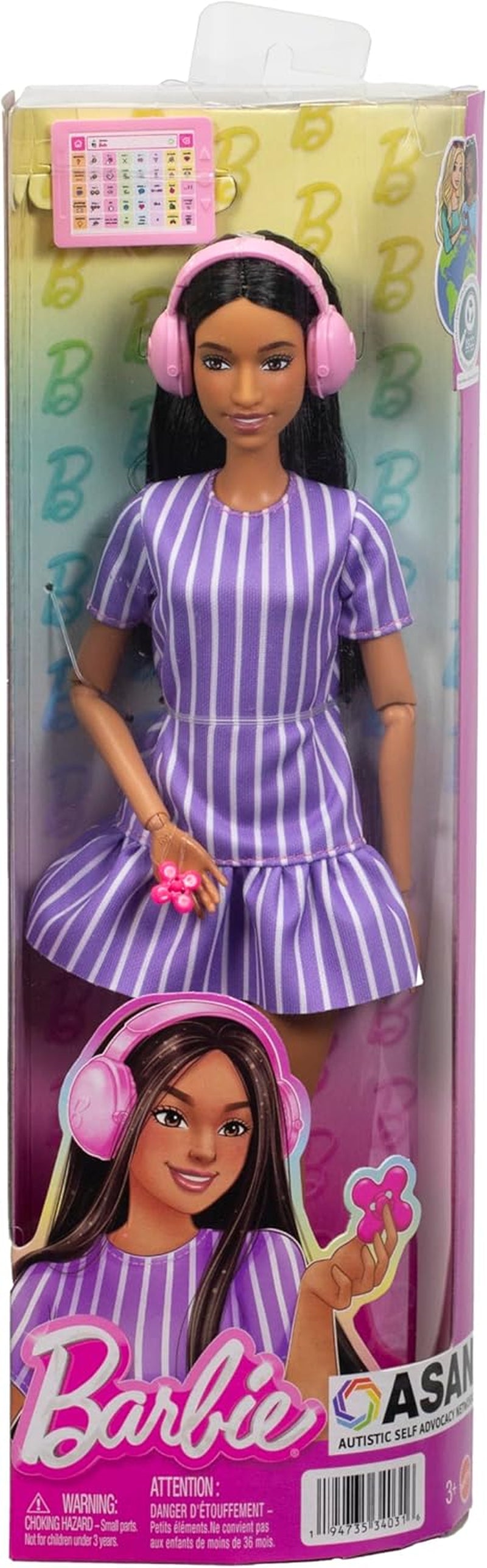 Lalka Barbie Fashionistas nr. 245, autystyczna lalka w fioletowej sukience w paski i akcesoriami takimi jak fidget spinner, tablet i słuchawki, JJN58