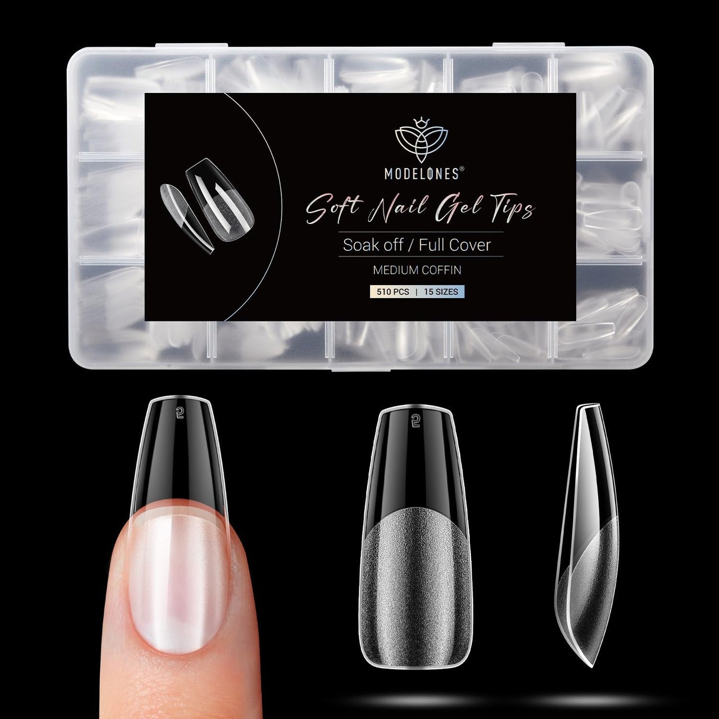 Modelones Tipsy 510 sztuk - Zestaw Tipsów Full Cover, Zestaw Tips Żelowych, Tipsy z żywicy PMMA do polerowania, Sztuczne paznokcie do klejenia na Nail Art DIY, Short Squoval
