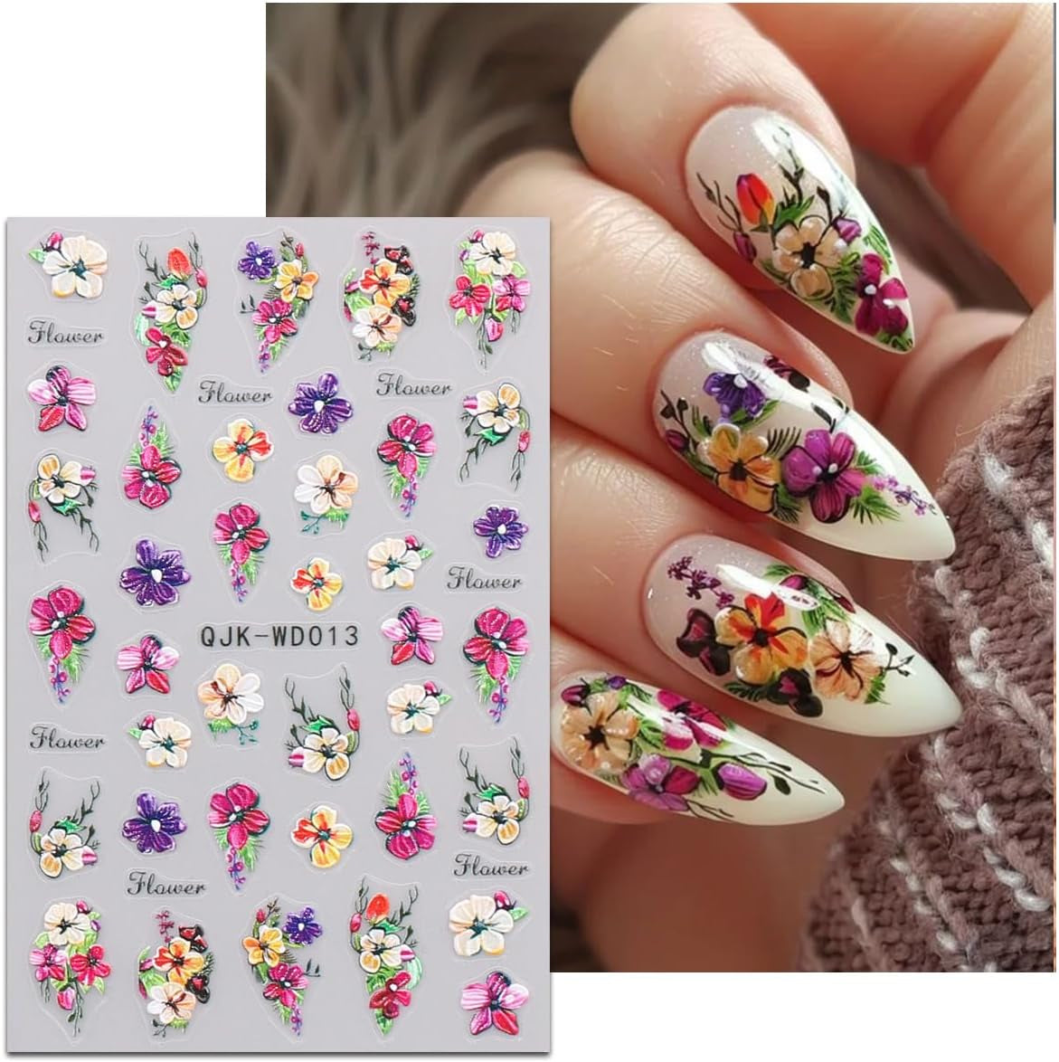 JMEOWIO Nagelsticker Blumen 6 Blatt Nail Art Naklejka Selbstklebend Nagelaufkleber Sommer Blumen Dekoration Nageldesign Zubehör