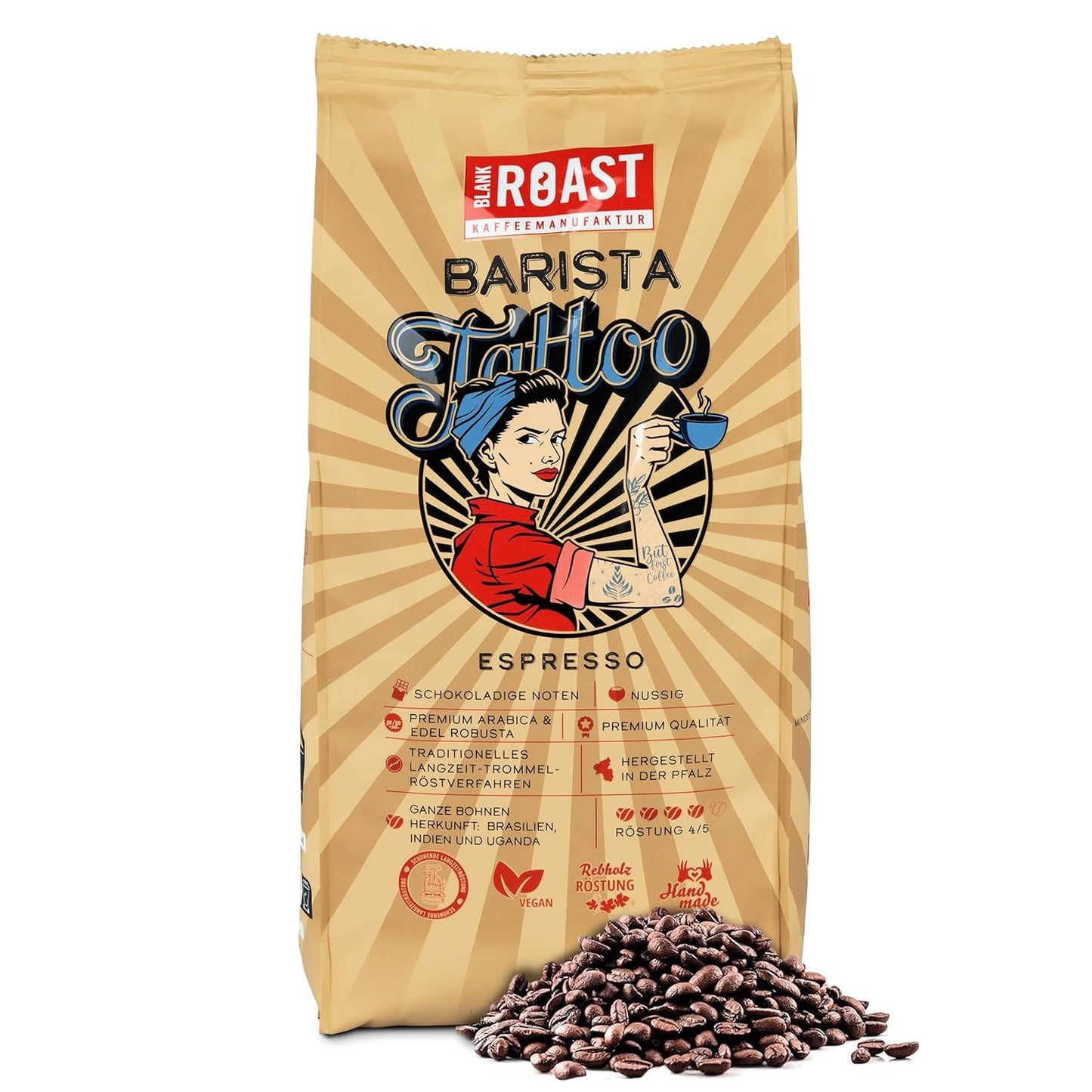 BLANK ROAST - Barista Tattoo Espresso - 1000g - im Langzeit Trommel-Röstverfahren geröstet - Bohnen aus den besten Anbaugebieten - Premium Arabica & Edel Robusta - schokoladig & nussig - säurearm