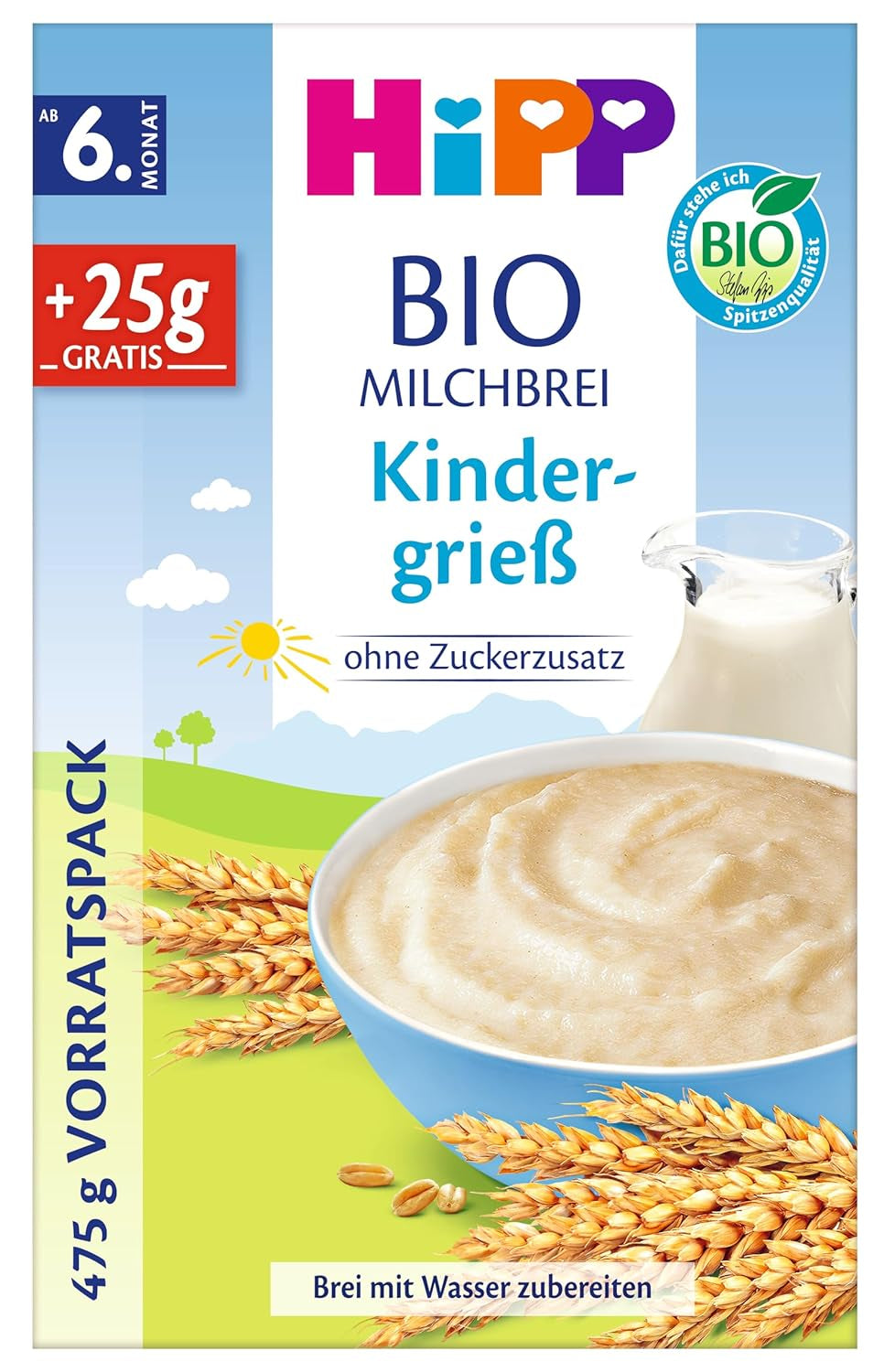 HiPP Organiczna kaszka mleczna dla niemowląt (4 x 475g), od 6 miesiąca życia, bez dodatku cukru, delikatna dla brzuszka dziecka, najwyższej jakości organicznej