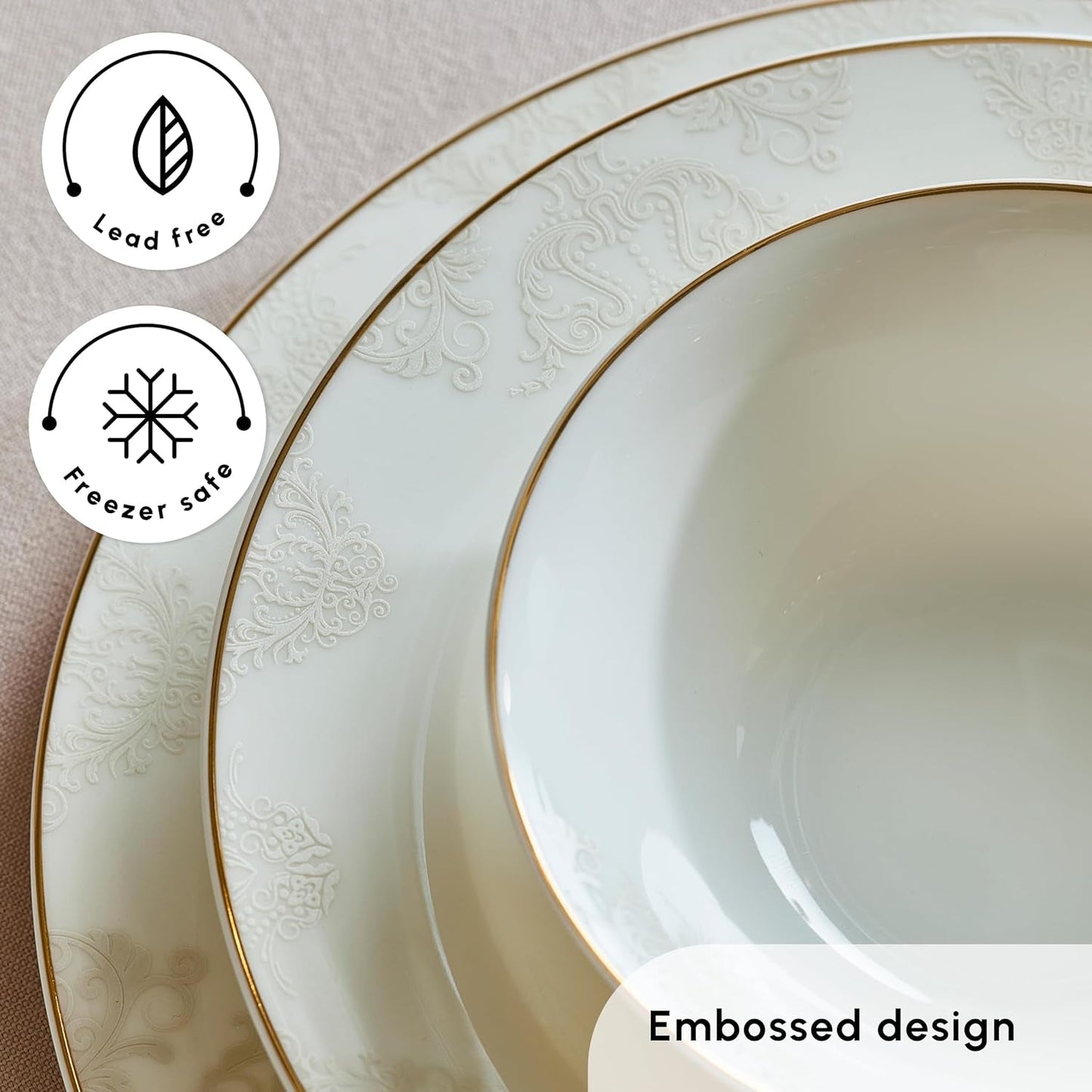 Zestaw naczyń obiadowych Karaca Elegance Bone Siena na 12 osób, nowoczesny zestaw naczyń porcelanowych, zestaw naczyń obiadowych z miskami na zupę, półmisek, talerze głębokie, talerze deserowe - białe i złote