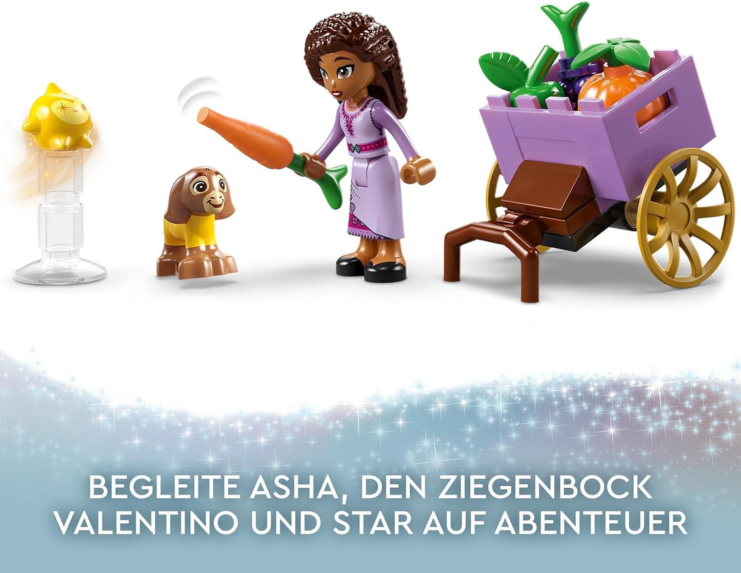 LEGO 43223 Disney Życzenie Ashy w Rosas City, zestaw filmów życzeń z targiem, mini lalka Asha, Valentino jako zabawka-koza i figurki gwiazd, prezent dla dzieci w wieku 6 lat, zestawy do budowania dla dziewcząt i chłopców w sklepie LEGO