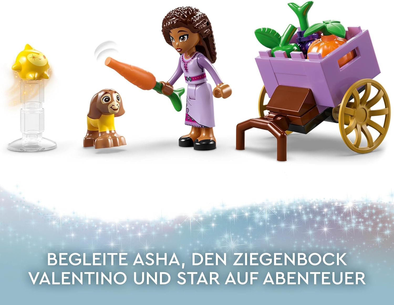 LEGO 43223 Disney Życzenie Ashy w Rosas City, zestaw filmów życzeń z targiem, mini lalka Asha, Valentino jako zabawka-koza i figurki gwiazd, prezent dla dzieci w wieku 6 lat, zestawy do budowania dla dziewcząt i chłopców w sklepie LEGO