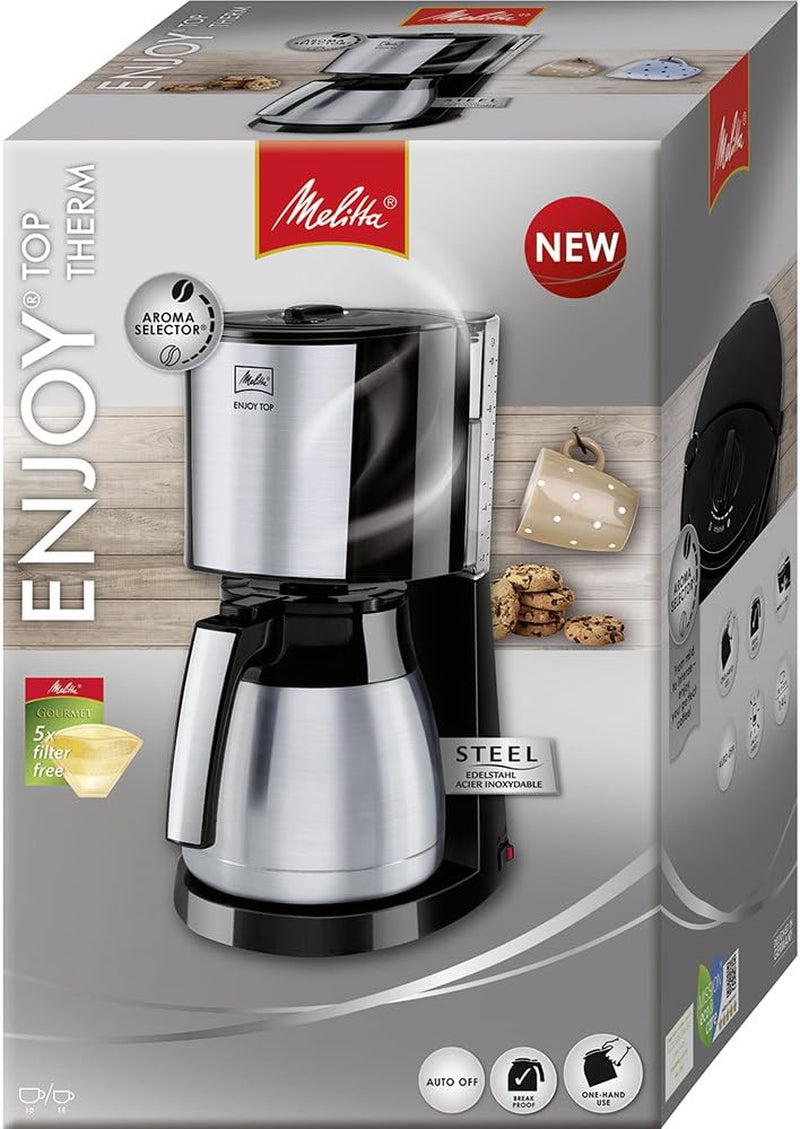 Melitta Enjoy Top Therm - Ekspres do espresso z filtrem i dzbankiem termicznym ze stali nierdzewnej na maksymalnie 10 filiżanek kawy, kolor czarny/stal nierdzewna