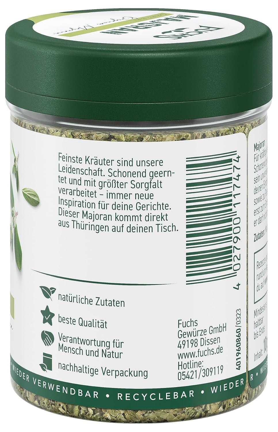 Fuchs Gewürze - Majeranek gerebelt - zum Würzen von Kartoffelgerichten, Fleischgerichten oder Eintöpfen - naturalne składniki - 10 g w wiederverwendbarer, recyclebarer Dawka