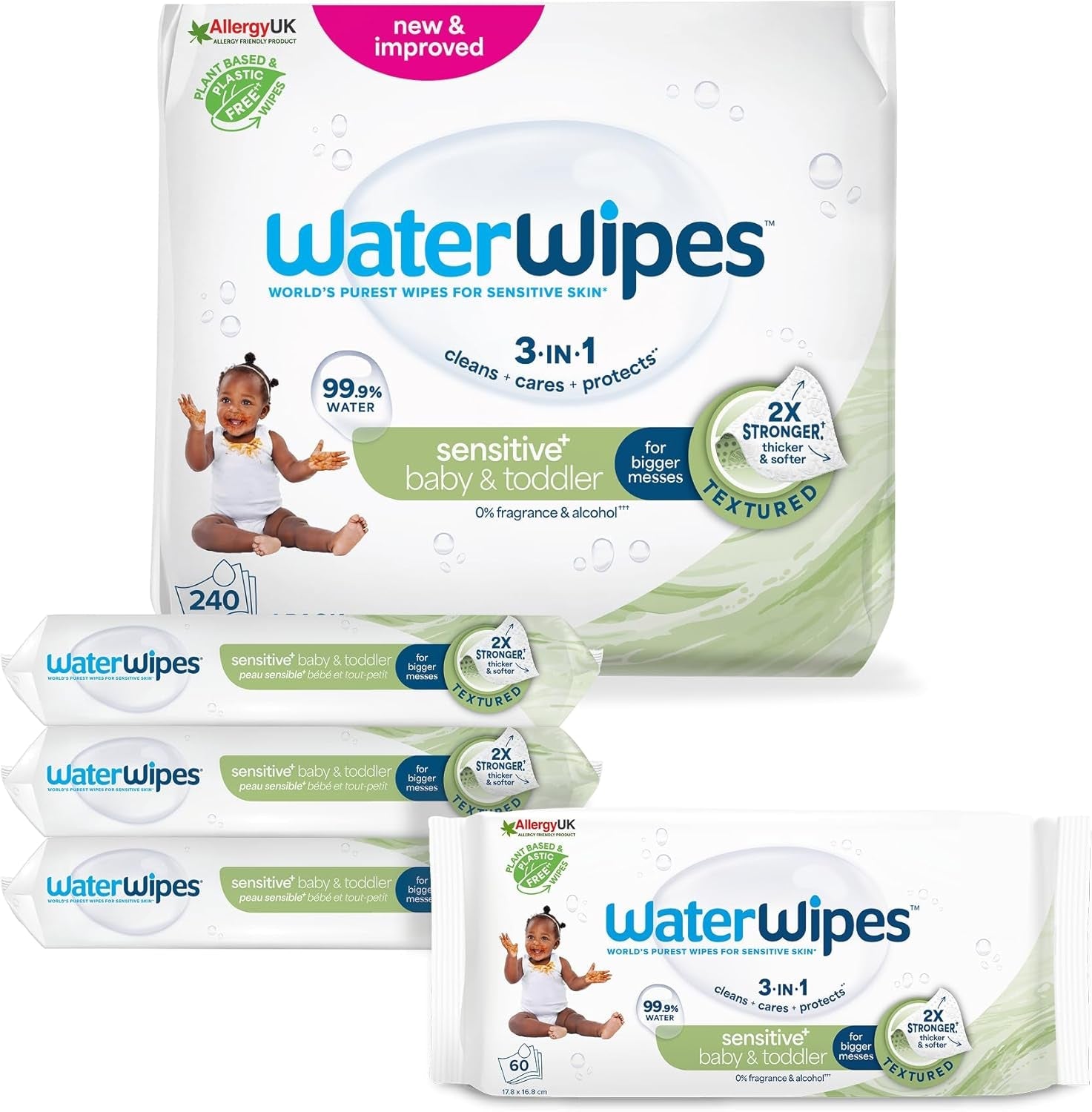 WaterWipes Sensitive+ Chusteczki nawilżane dla niemowląt i małych dzieci, 720 sztuk (12 szt.), 3 w 1 czyszczenie, pielęgnacja, ochrona, 99,9% wody, teksturowane oczyszczanie, bezzapachowy