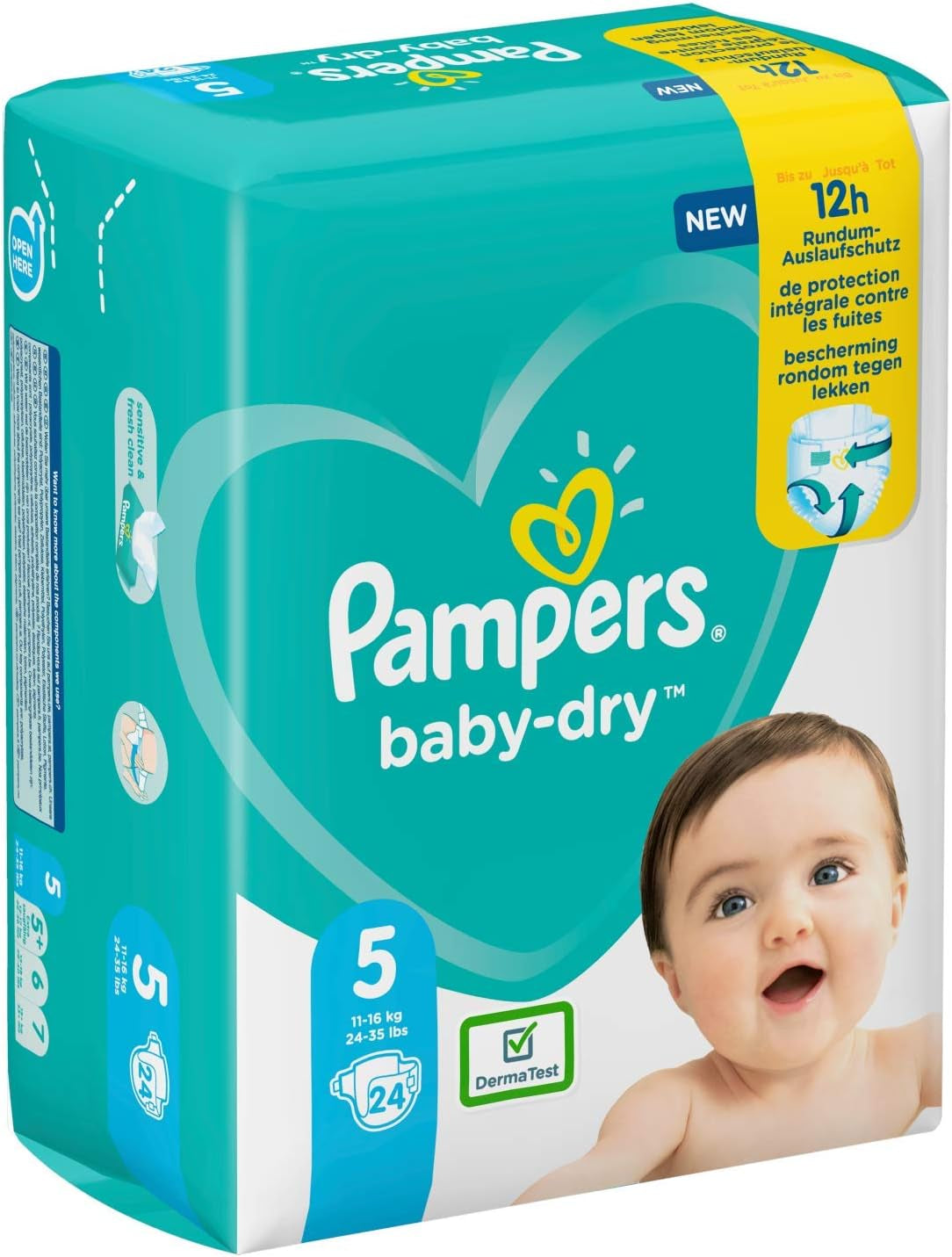Pieluchy Pampers dla niemowląt rozmiar 5 (11-16 kg), 24 sztuki, ochrona przed wyciekaniem do 12 godzin