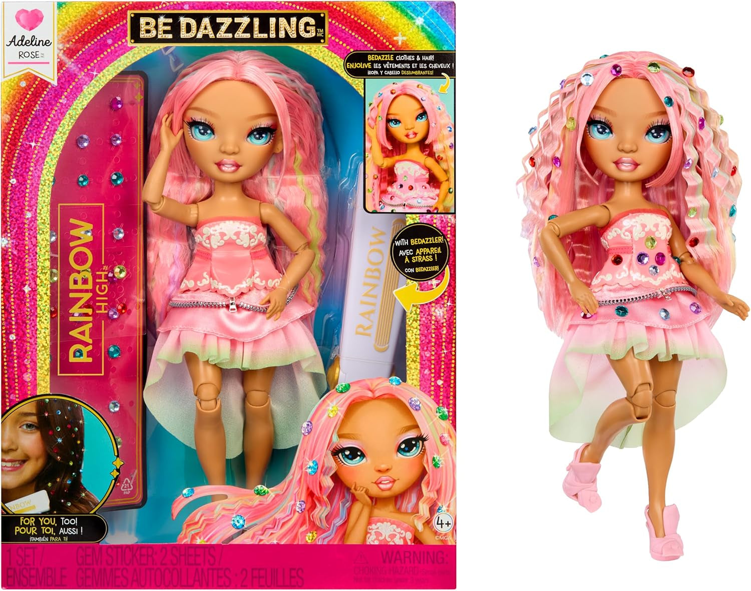 Rainbow High Be Dazzling - Adeline Rose - 28 cm różowa lalka modowa z narzędziem do dekoracji, błyszczącymi kamieniami szlachetnymi i akcesoriami do stylizacji