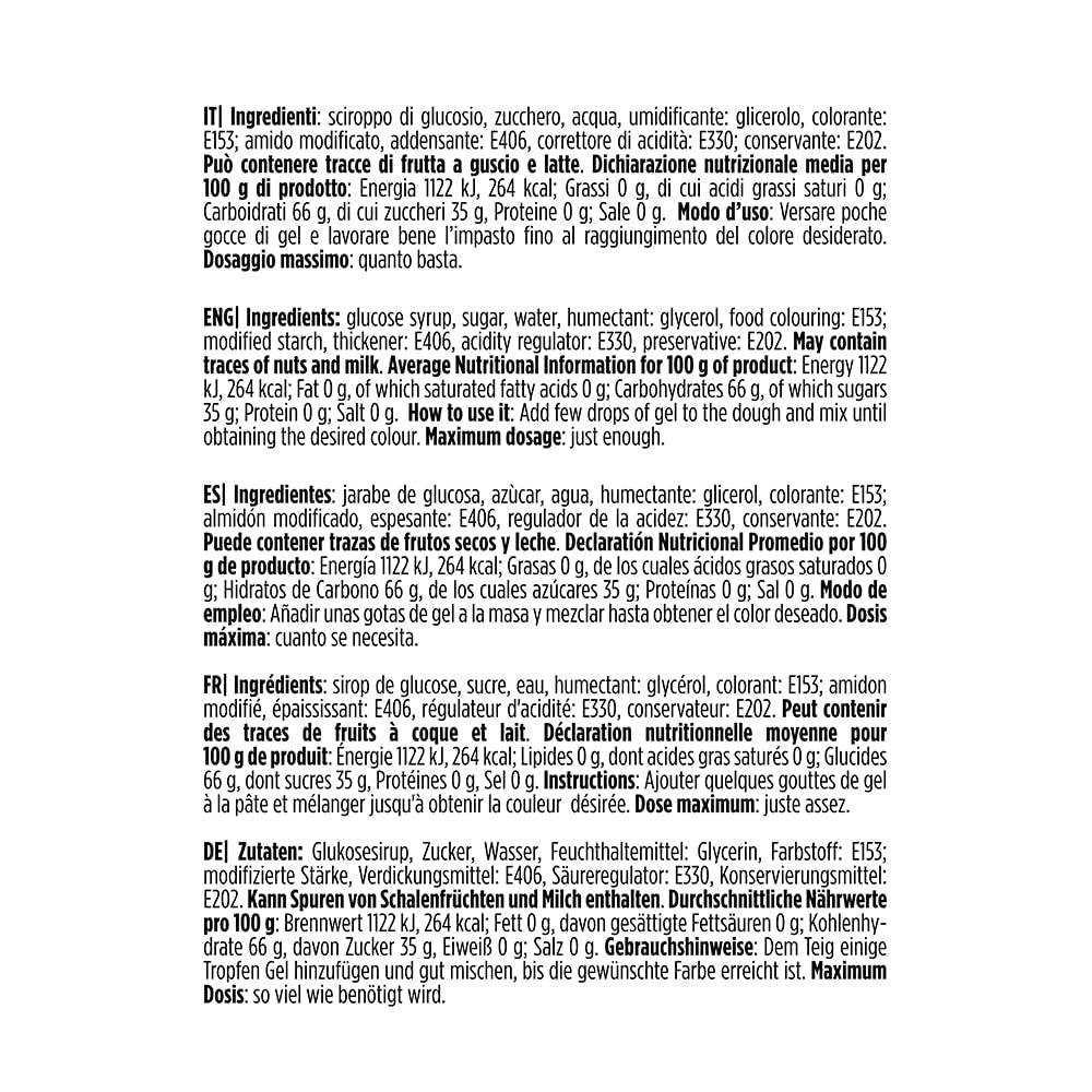 9600820 Barwnik spożywczy w żelu, Barwnik spożywczy w żelu, idealny do powłok i dekoracji, Tworzy intensywne i jasne kolory, Wyprodukowano we Włoszech, 28 gramów, Kolor czarny.
