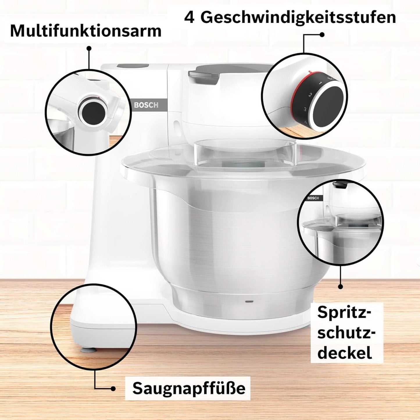 Bosch Küchenmaschine Serie 2 MUMS2EW00, Edelstahl-Schüssel 3,8 L, Planetenrührwerk, Knethaken, Schlag-, Rührbesen Edelstahl, 4 Arbeitsstufen, Durch Optiones Zubehör Erweiterbar, 700W, Weiß Kitchen Naty Shop