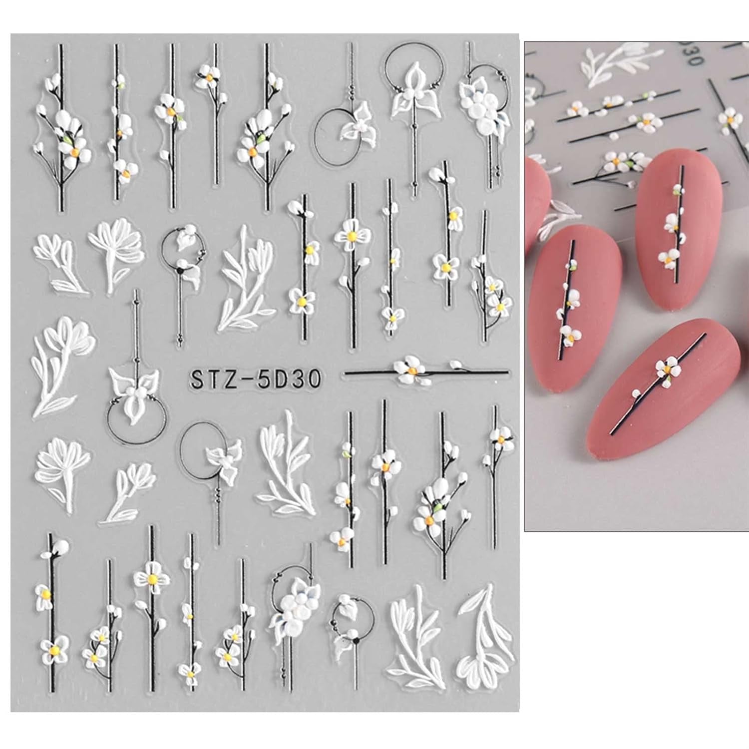 JMEOWIO 3D Nagelsticker Frühling Blume Nail Art Naklejka Selbstklebend Nagelaufkleber 5D Stereoskopisch Blumen Dekoration Nageldesign Zubehör 4 Blatt