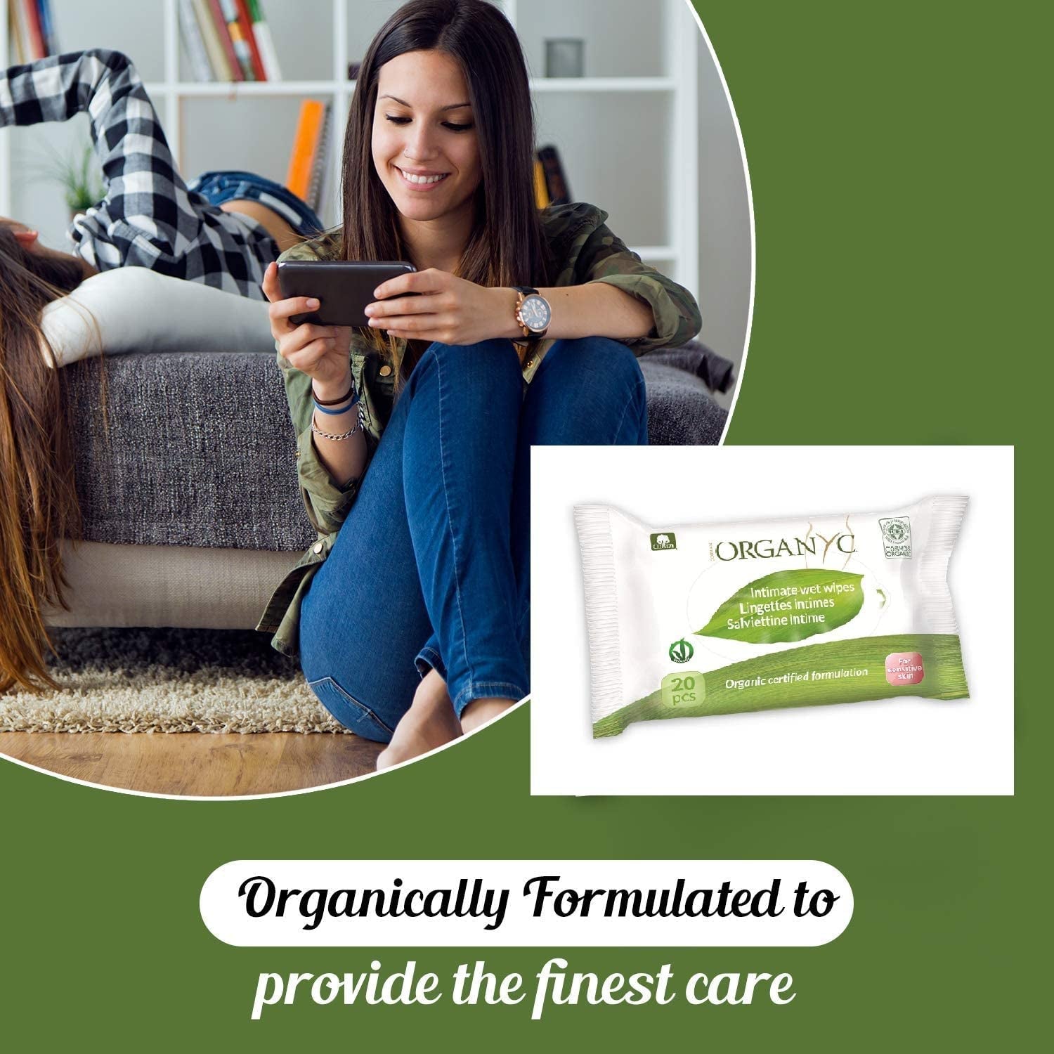 Organyc Wilgotne chusteczki do higieny intymnej, wykonane w 100% z certyfikowanej bawełny organicznej – 4 opakowania po 20 chusteczek (łącznie 80 chusteczek)